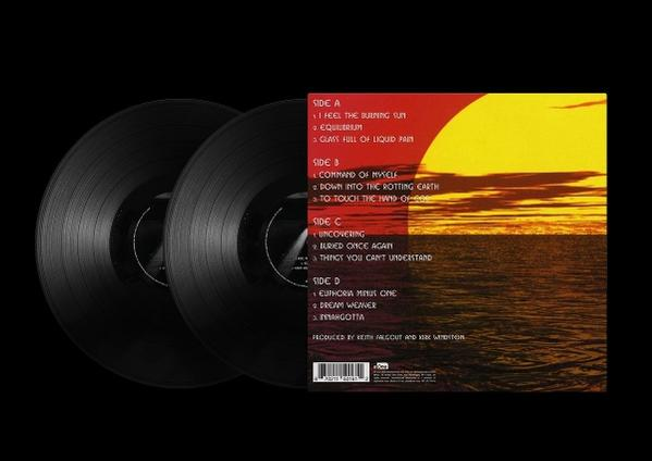Zwei schwarze Schallplatten liegen neben einer Hülle mit Sonnenuntergang.