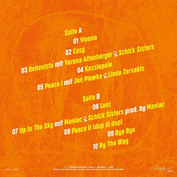 Rückseite mit Songliste auf orangefarbenem Hintergrund. Seite A & B.