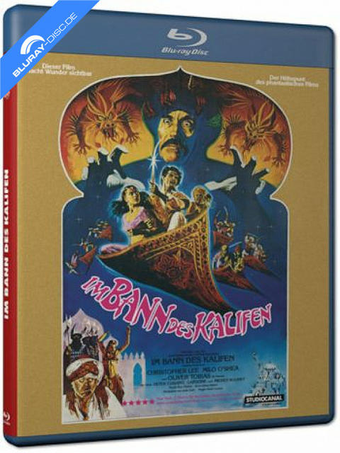 Blu-ray-Hülle: "Im Bann des Kalifen" mit einem fliegenden Teppich und Drachen.