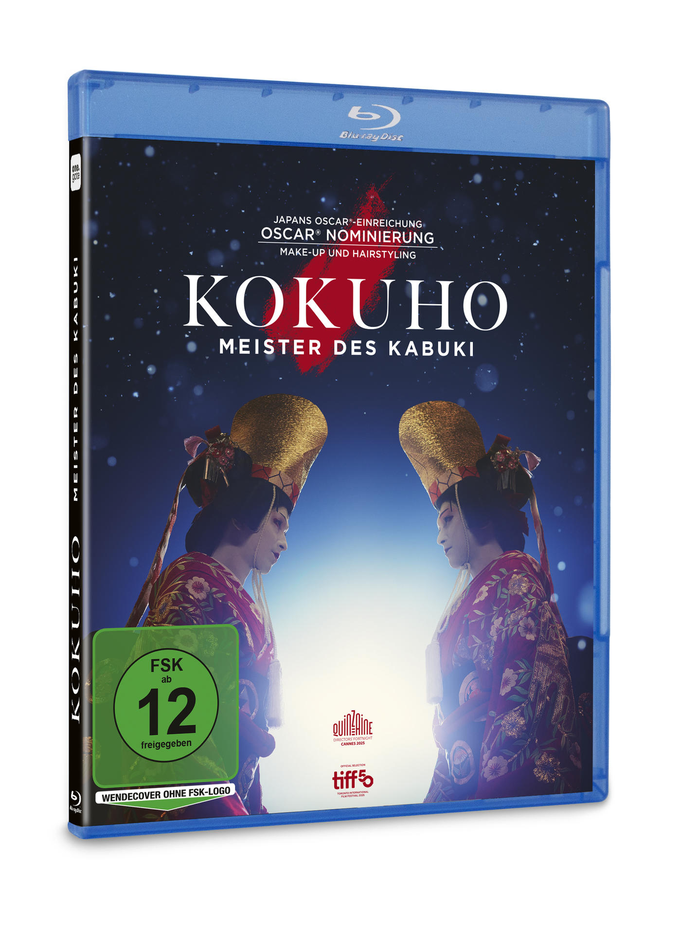 Blu-ray Hülle mit zwei Kabuki-Künstlern in traditioneller Kleidung und goldenen Hüten.