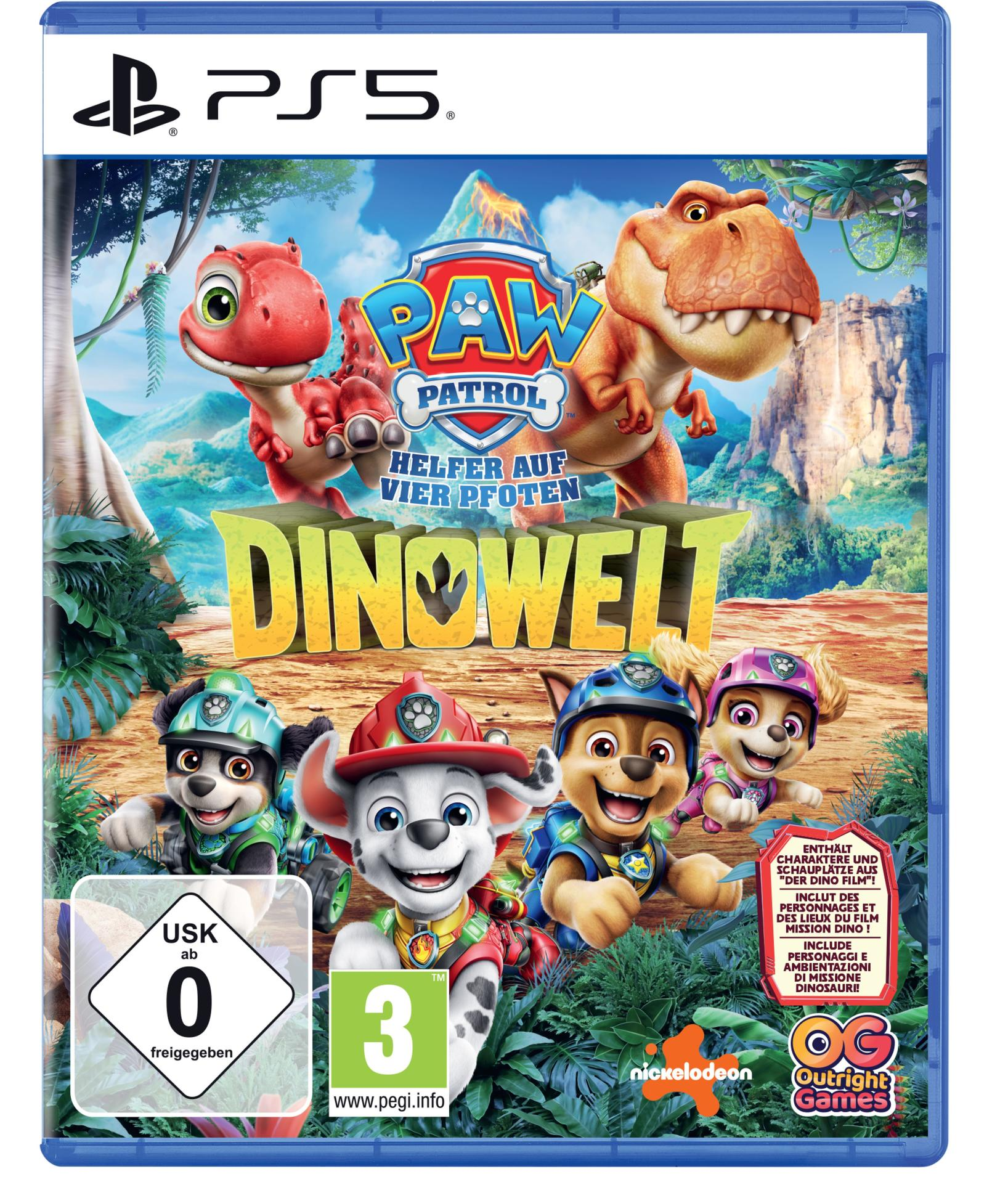 Paw Patrol Dino Welt PS5 Spielcover mit Dinosauriern und den Hundewelpen.