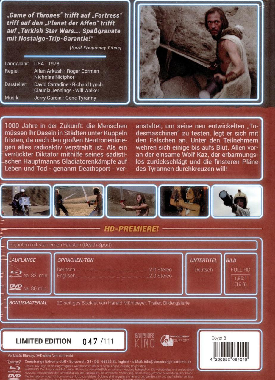 Filmplakat für Death Sport mit Text über Handlung, Darsteller und technische Details.