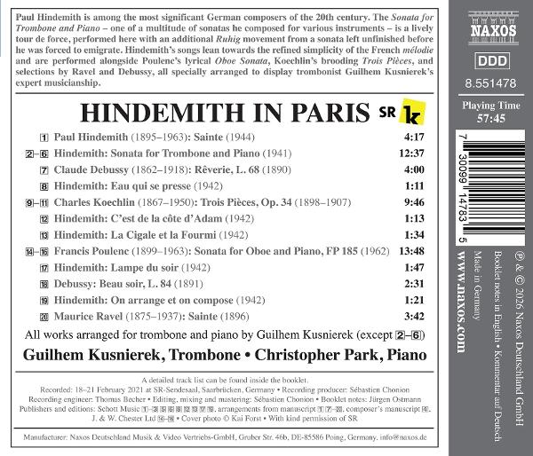 CD-Cover mit Titelliste: Hindemith in Paris, Naxos Label, DDD-Logo, Barcode.