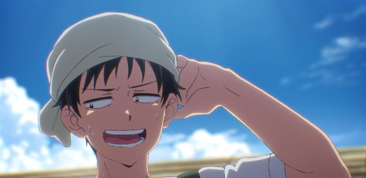 Ein animeartiger Junge mit einem Kopftuch, der sich die Stirn abwischt und schwitzt.