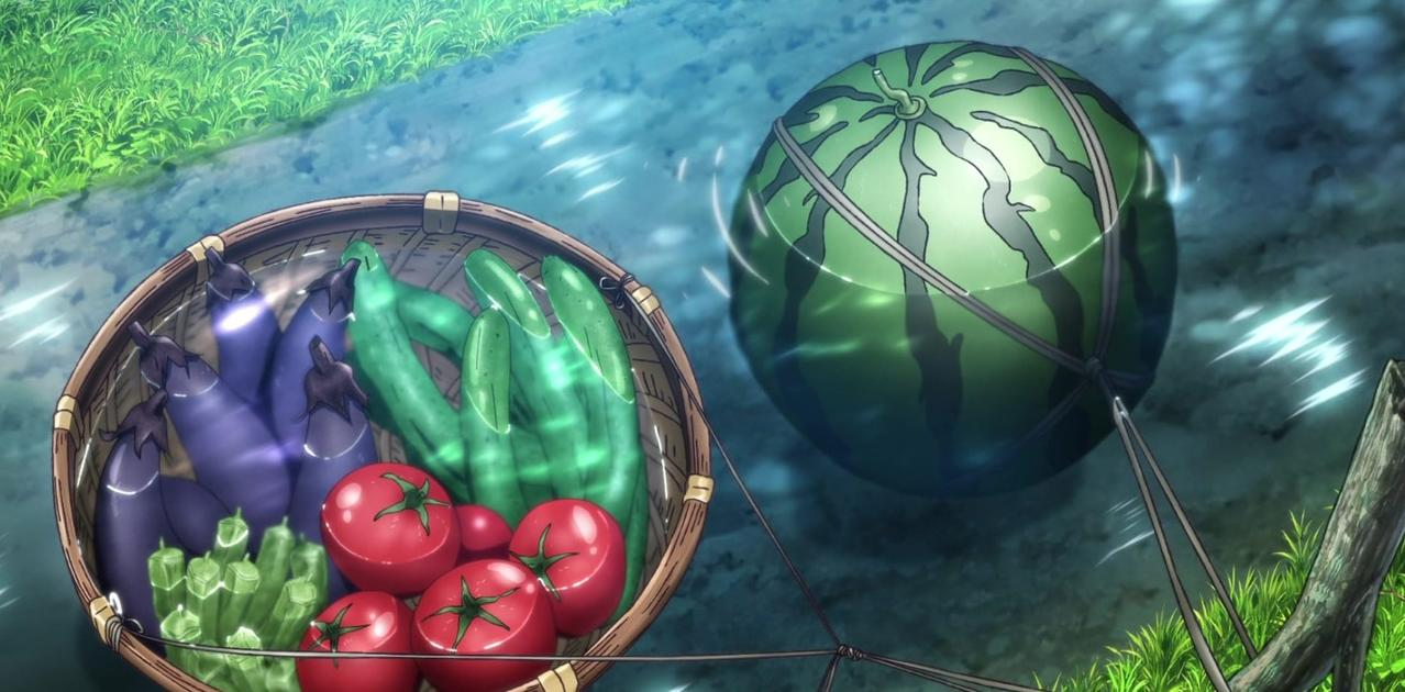 Ein Korb mit Auberginen, Tomaten und Gurken neben einer Wassermelone im Wasser.