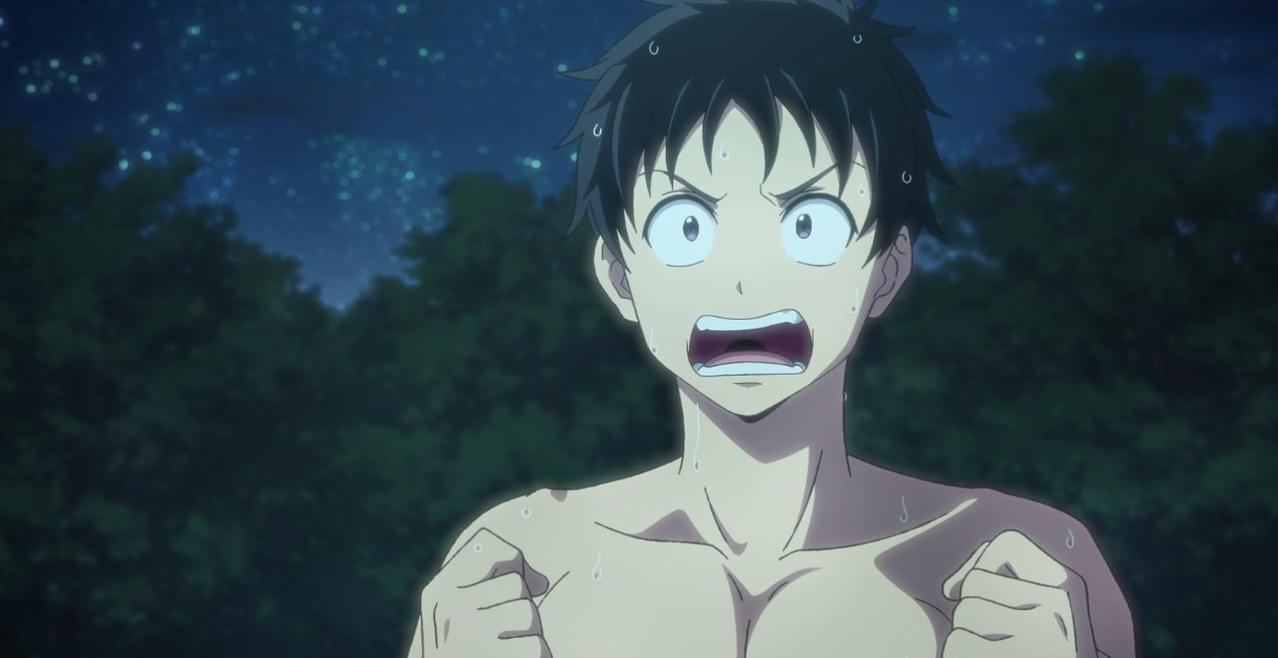 Ein anime-artiger Mann mit dunklem Haar und erhobenen Fäusten, der im Dunkeln Angst zeigt.