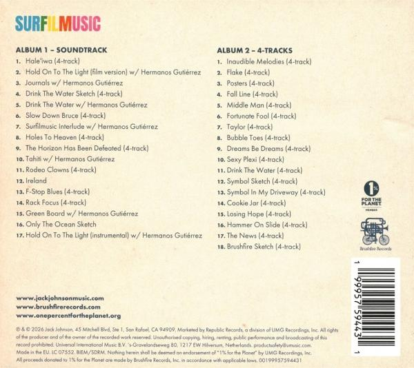 Albumtitel und Songliste für Surfmusic mit zwei Alben. Ein "1% for the Planet" Logo.