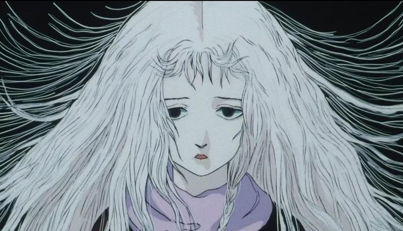 Anime-Porträt eines traurigen Mädchens mit langen, fließenden weißen Haaren und lila Schal.