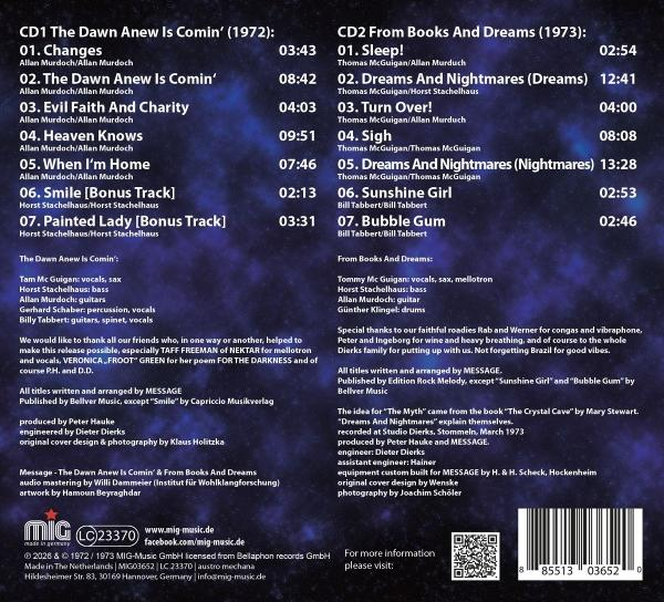 CD-Cover mit Songlisten und Credits für zwei Alben: "The Dawn Anew Is Comin'" und "From Books And Dreams".