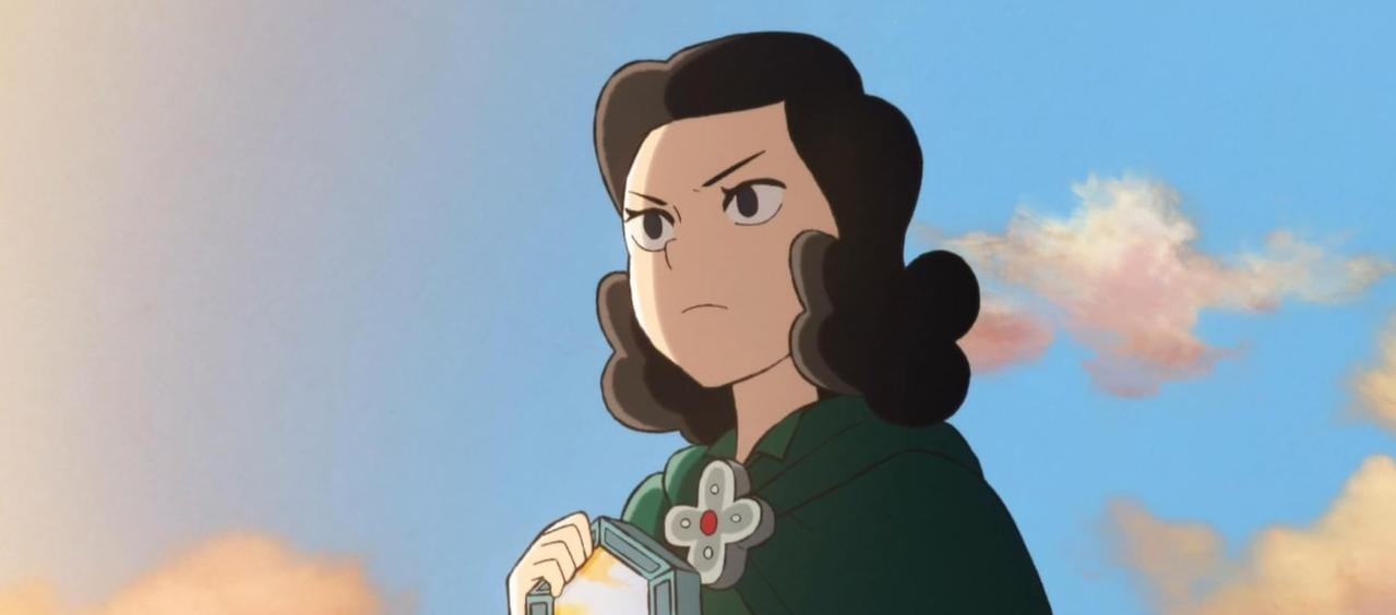 Anime-Figur mit dunklem Haar und gruenem Umhang haelt eine Box.