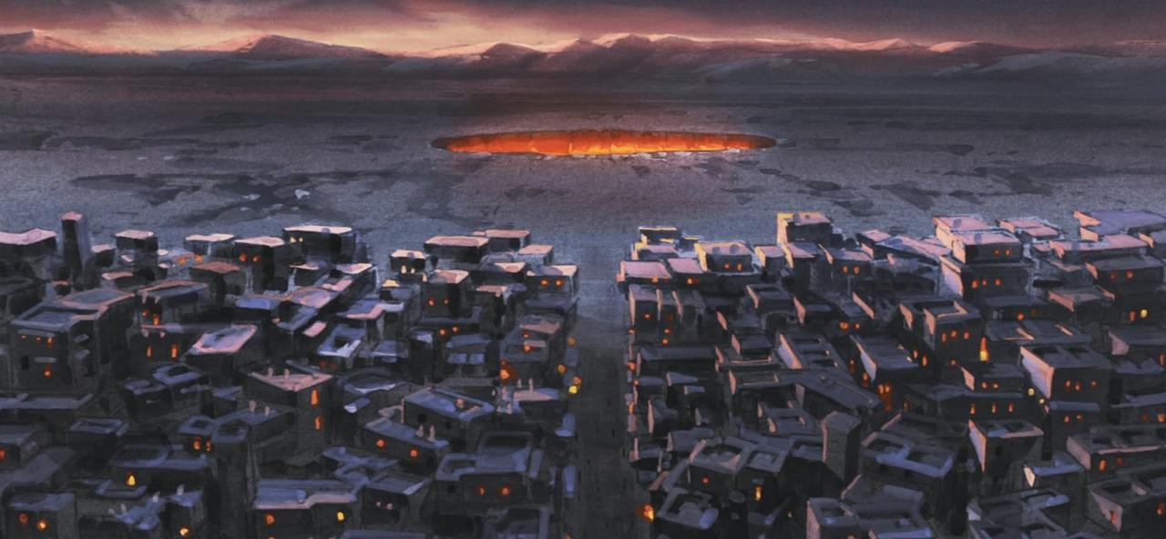 Eine dichte Stadt in der Dämmerung mit einem leuchtenden orangefarbenen Krater in der Ferne.