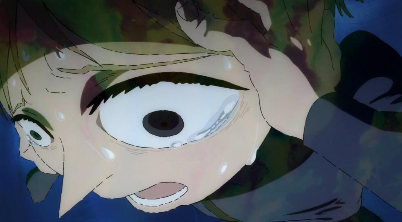 Ein Anime-Charakter mit großen Augen und Schweißperlen im Gesicht.