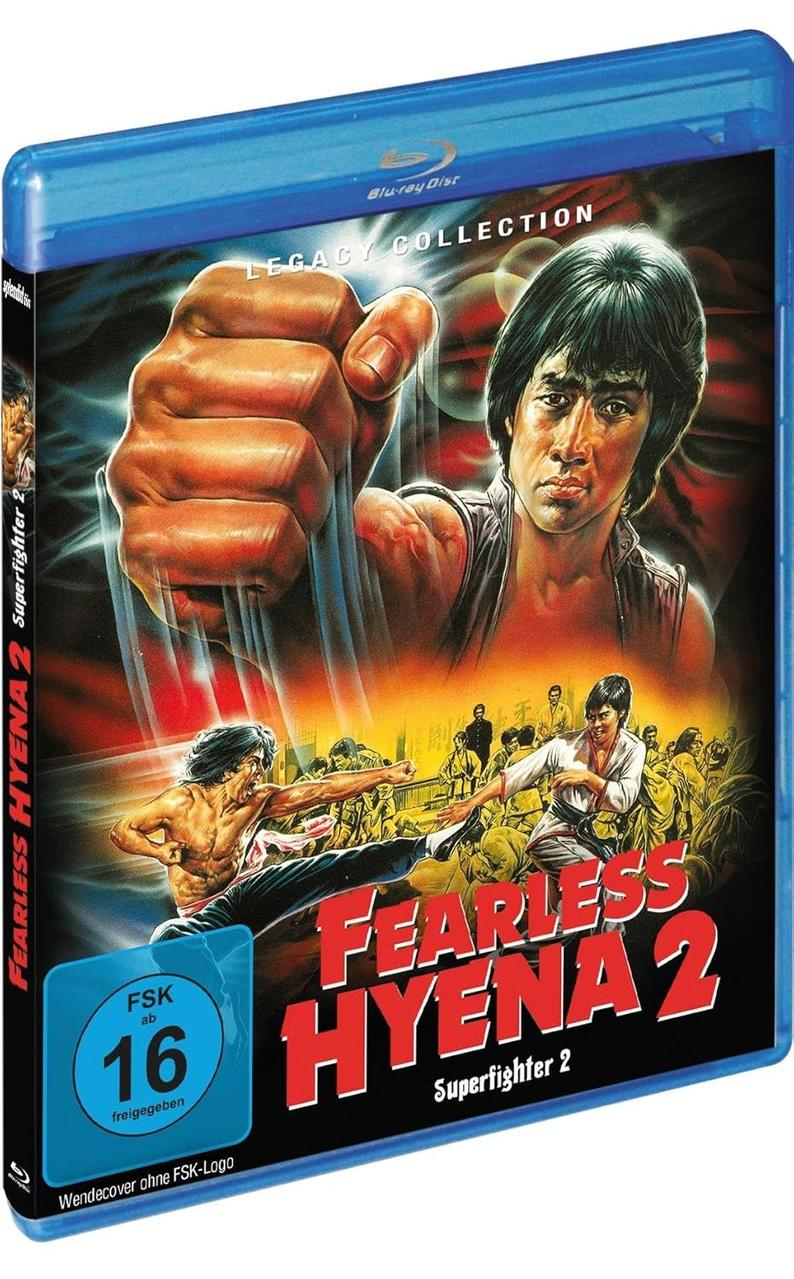 Blu-ray-Cover für "Fearless Hyena 2" mit Jackie Chan, Kampfsportszenen und FSK-16-Siegel.
