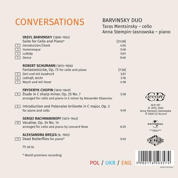 CD-Cover mit Titel 'Conversations', Komponisten, Stücken und Logos.