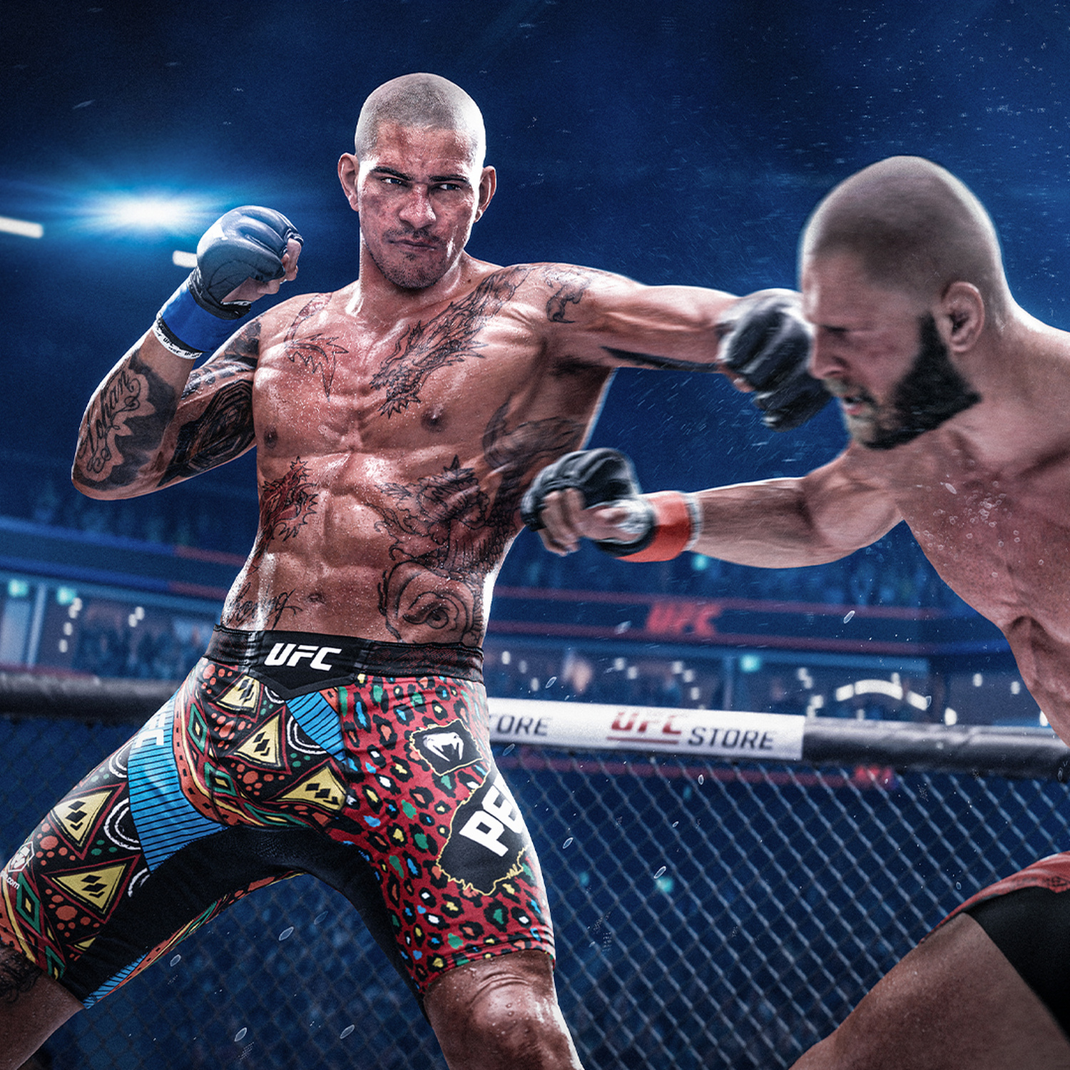 Due lottatori di MMA in un ring. Uno con pantaloncini colorati lancia un pugno. Le luci dell'arena brillano.