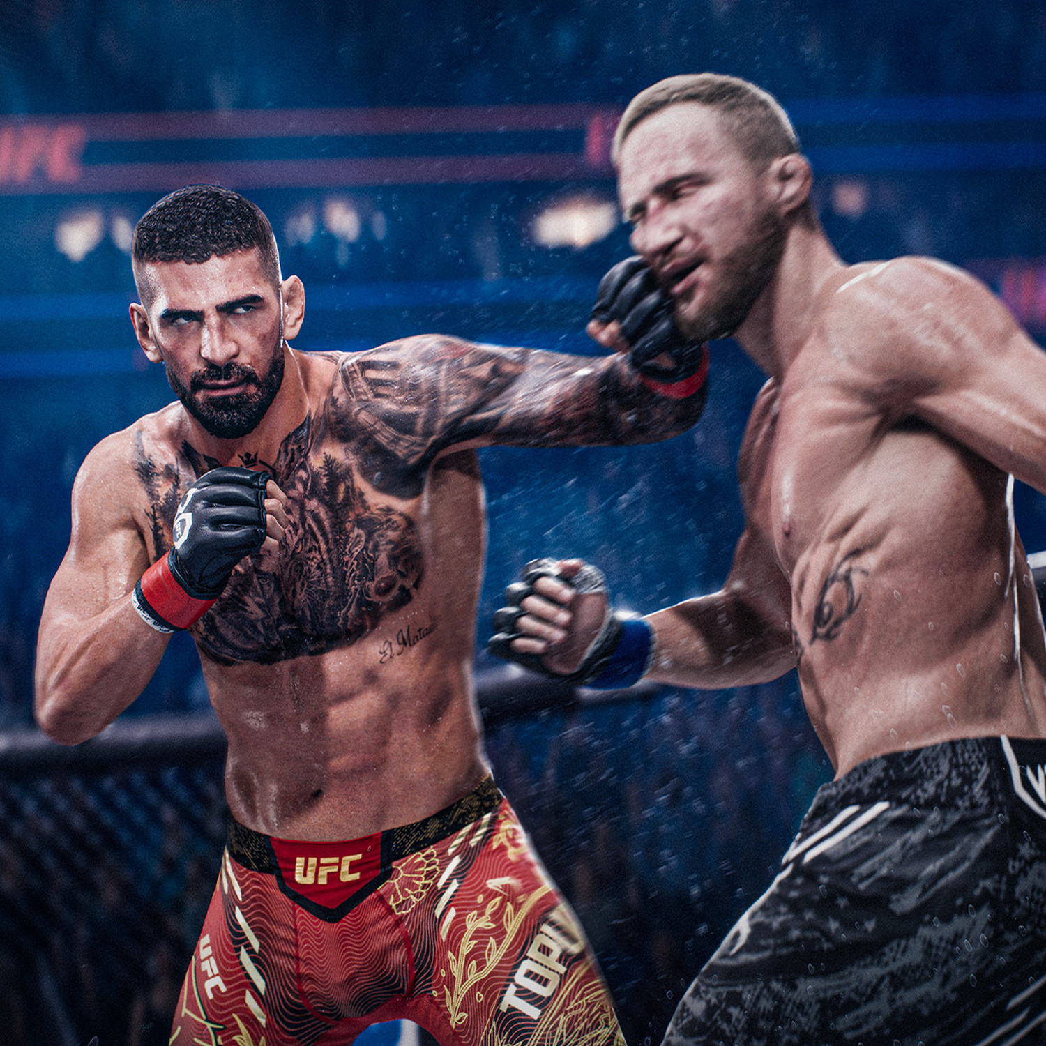Due lottatori UFC sul ring, uno colpisce, l'altro schiva. Piove.