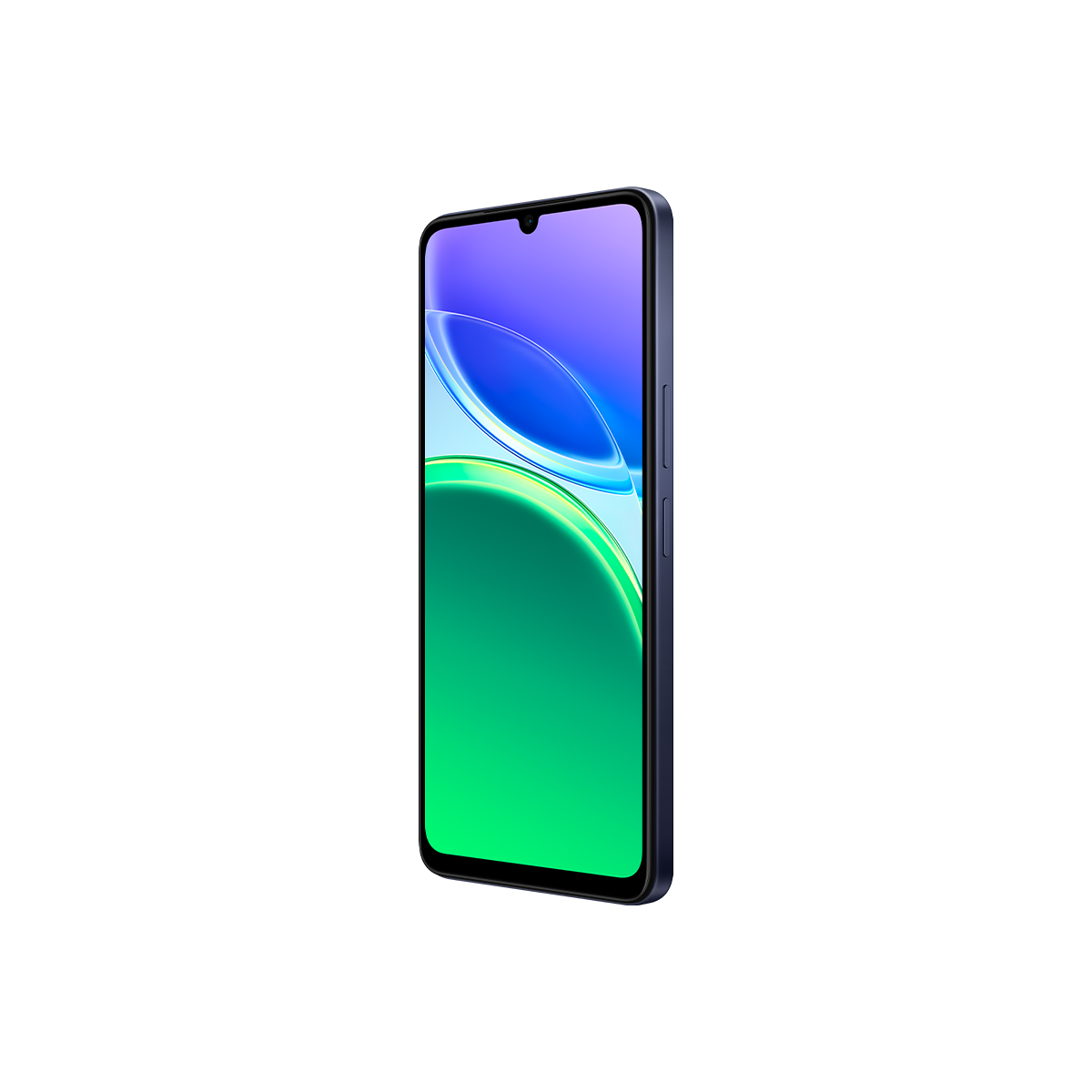 Ekranında mor-yeşil geçişli koyu mavi bir akıllı telefon.