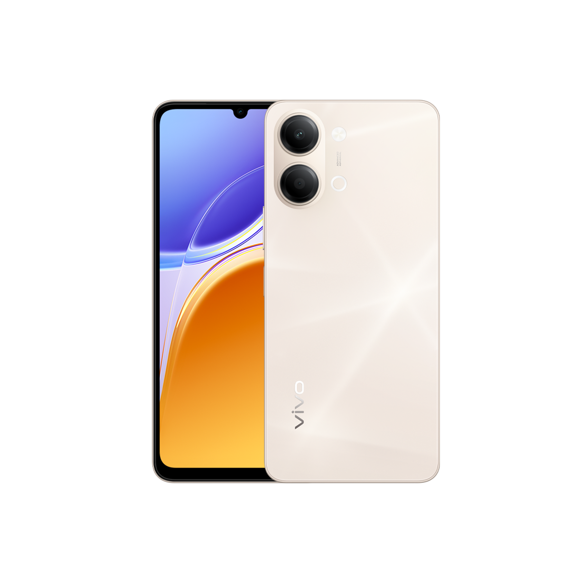 Vivo logolu, çift arka kameralı açık bej akıllı telefon.