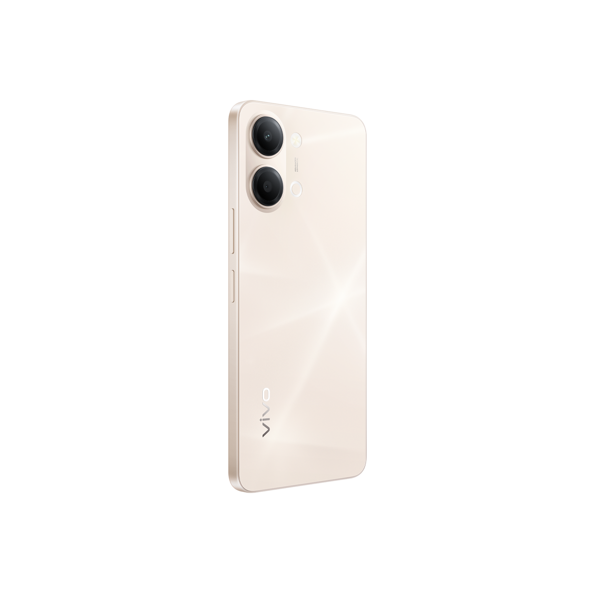 Vivo logosu ve çift arka kameraya sahip açık bej bir akıllı telefon.
