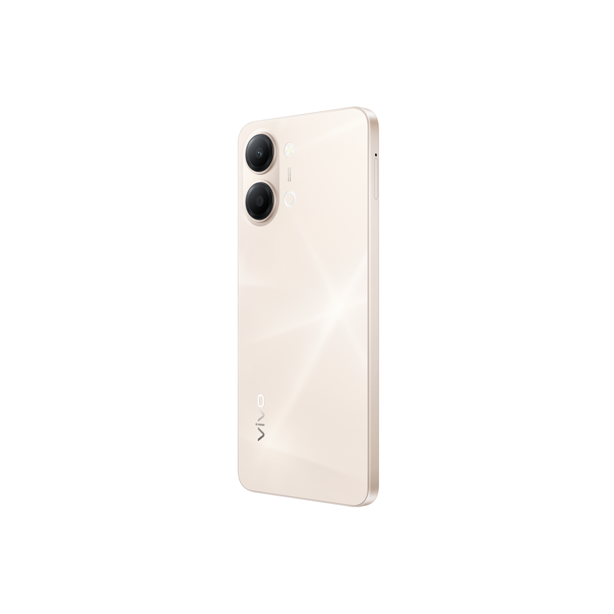 İki kameralı, VIVO logolu, açık bej akıllı telefonun arkası.