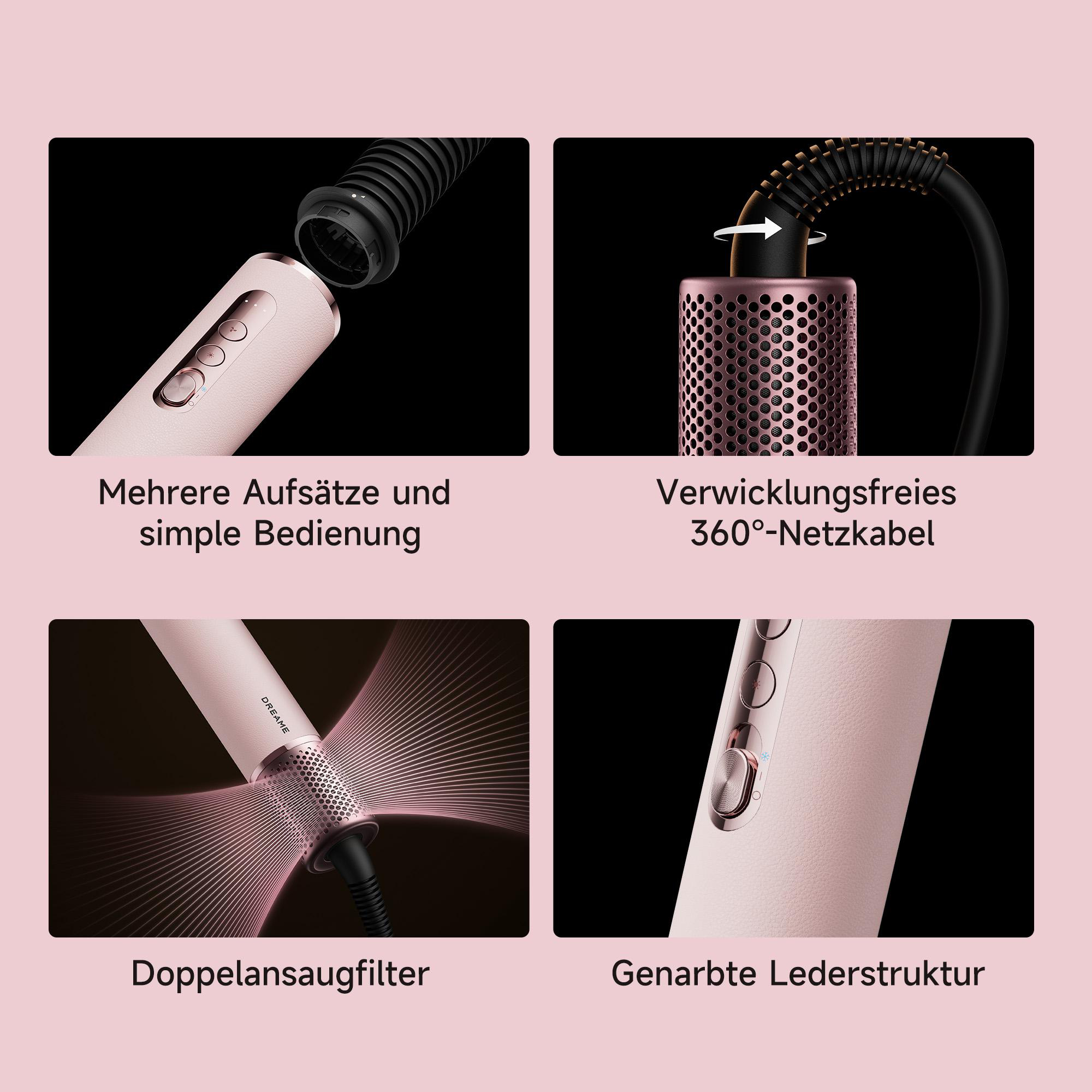 Haartrockner mit Aufsätzen, 360° schwenkbarem Kabel, Dual-Ansaugfilter und strukturierter Grifffläche.