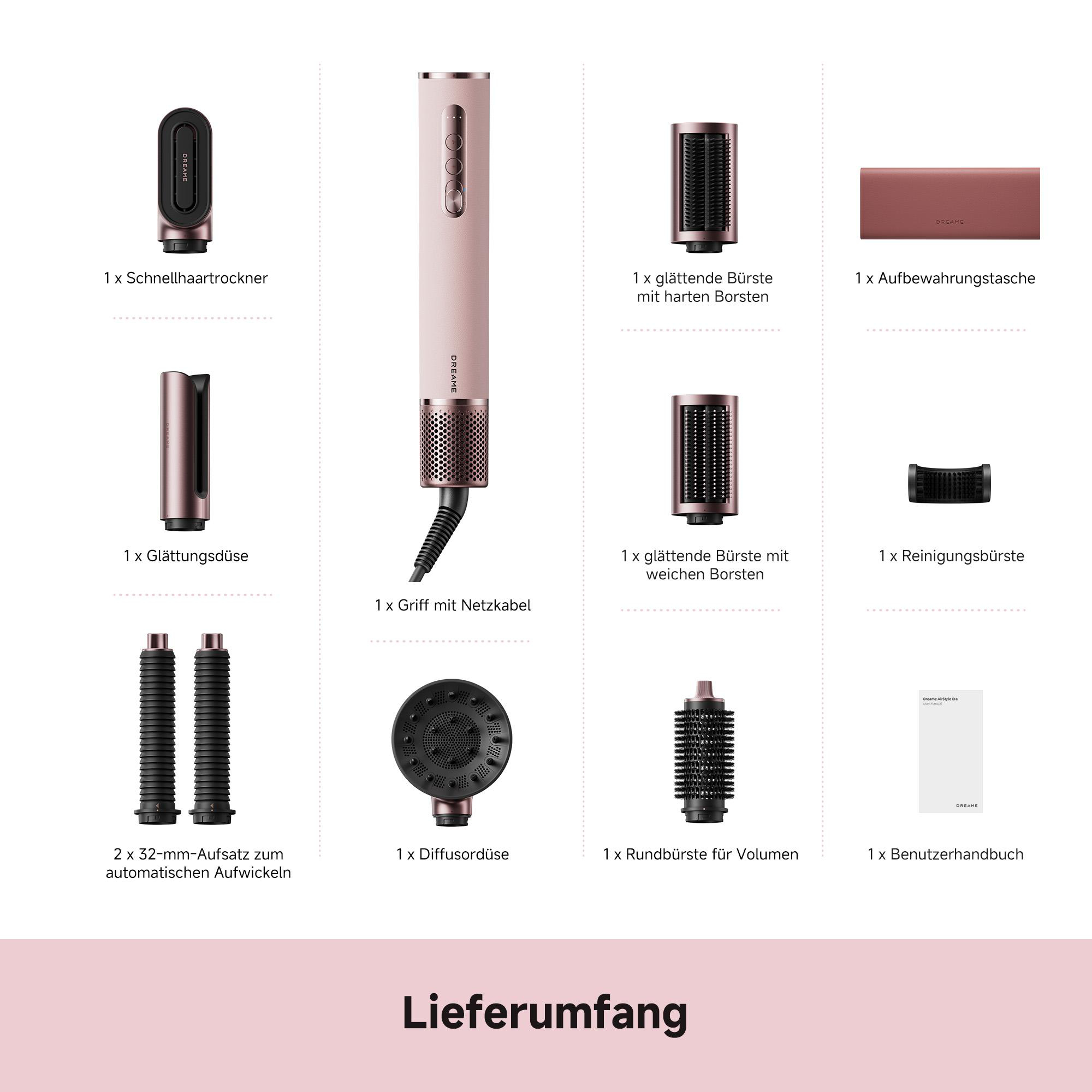 Der Lieferumfang eines rosa Haartrockners mit Zubehör: Bürsten, Düsen, Aufsätze und Handbuch.