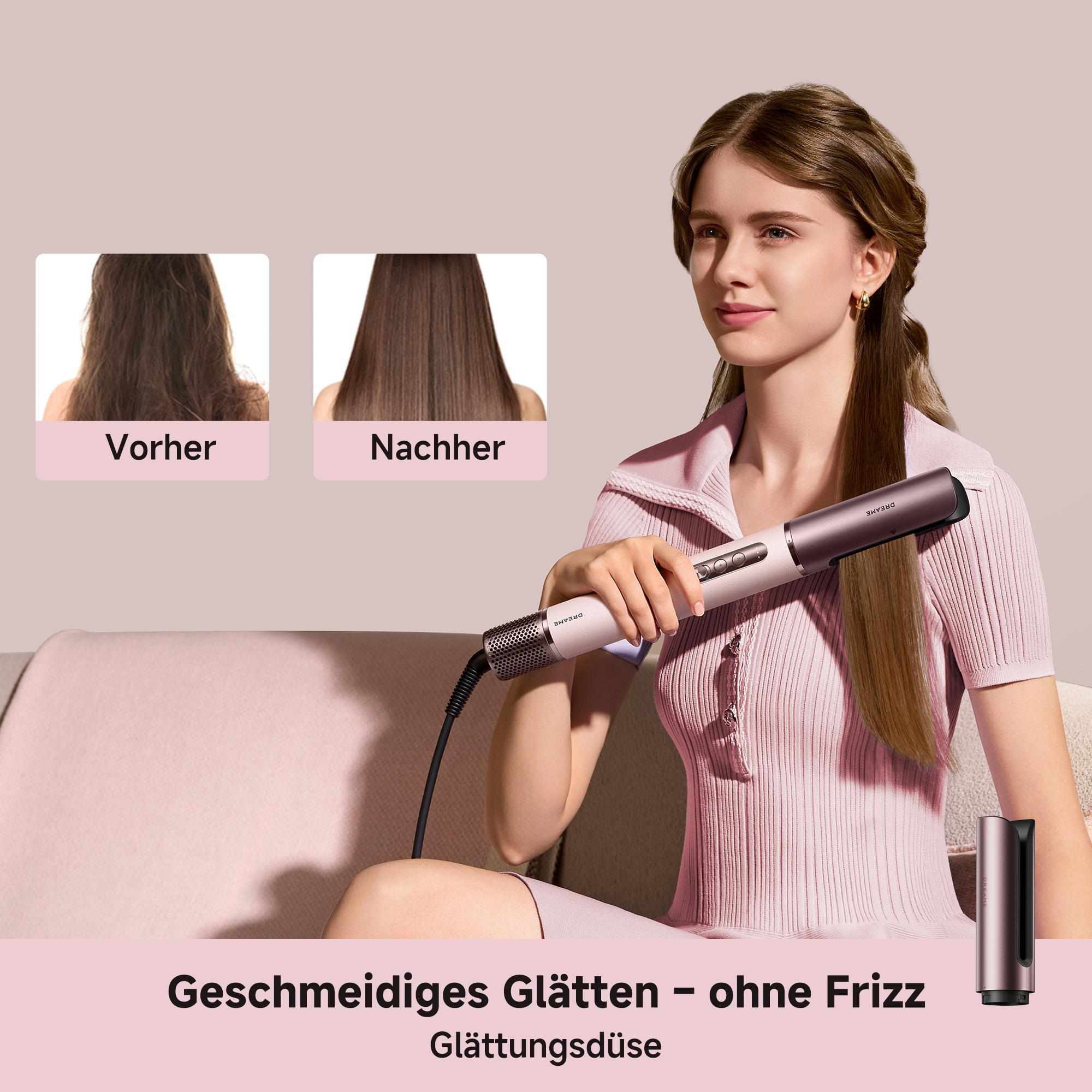 Frau mit glattem Haar hält Haarglätter. Vorher-Nachher-Vergleich.