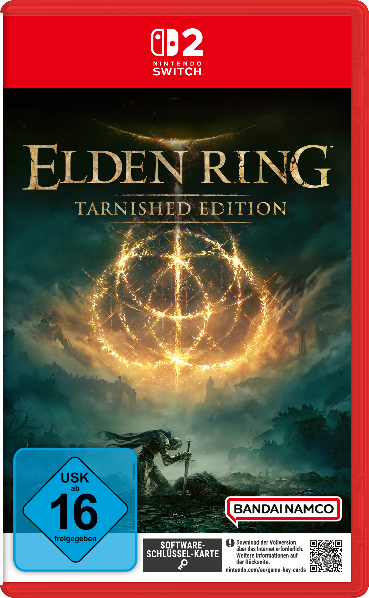Elden Ring Tarnished Edition Cover mit einem Ritter und einem goldenen Kreis.