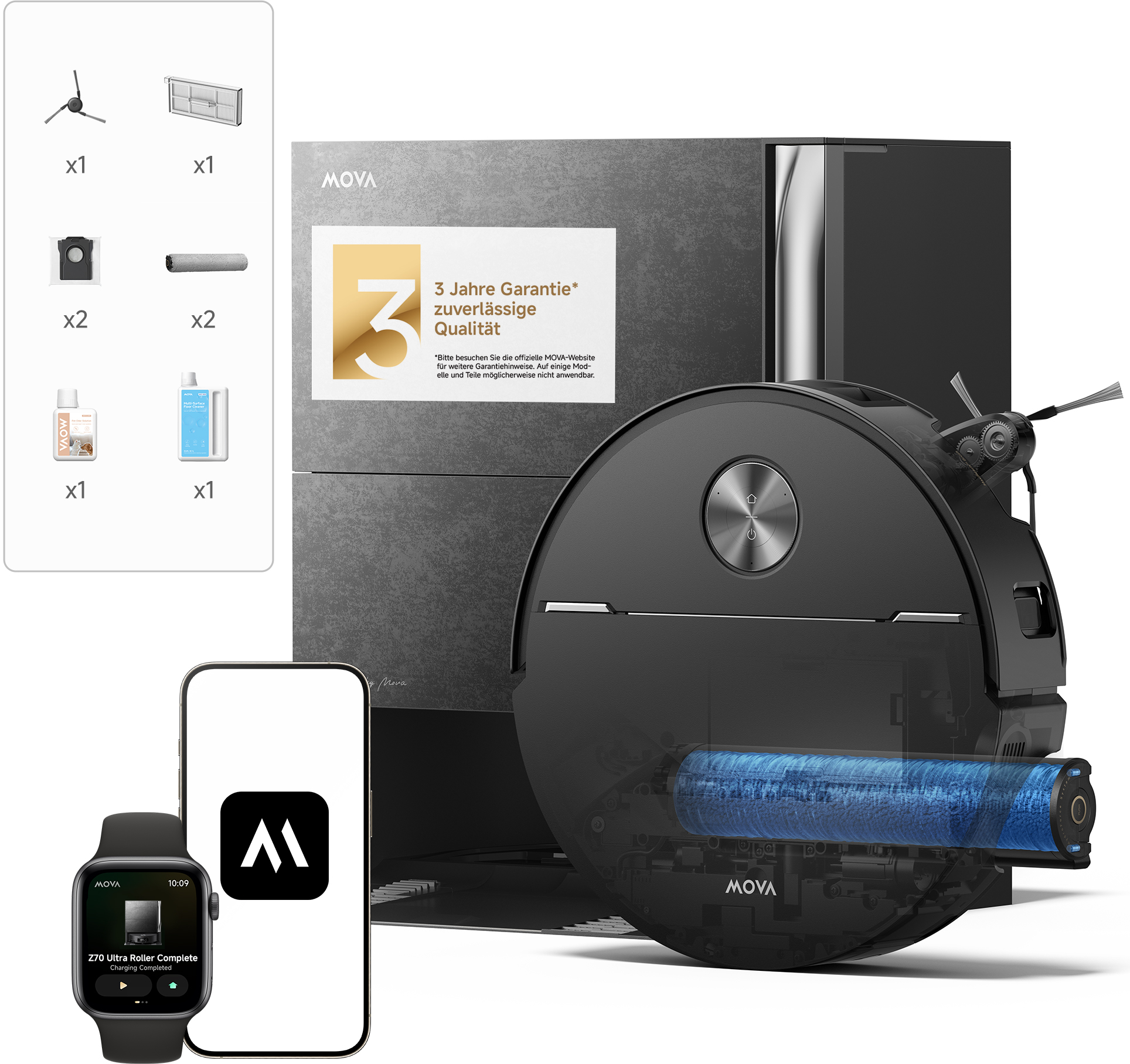 Un robot aspirapolvere con accessori, uno smartphone e uno smartwatch.