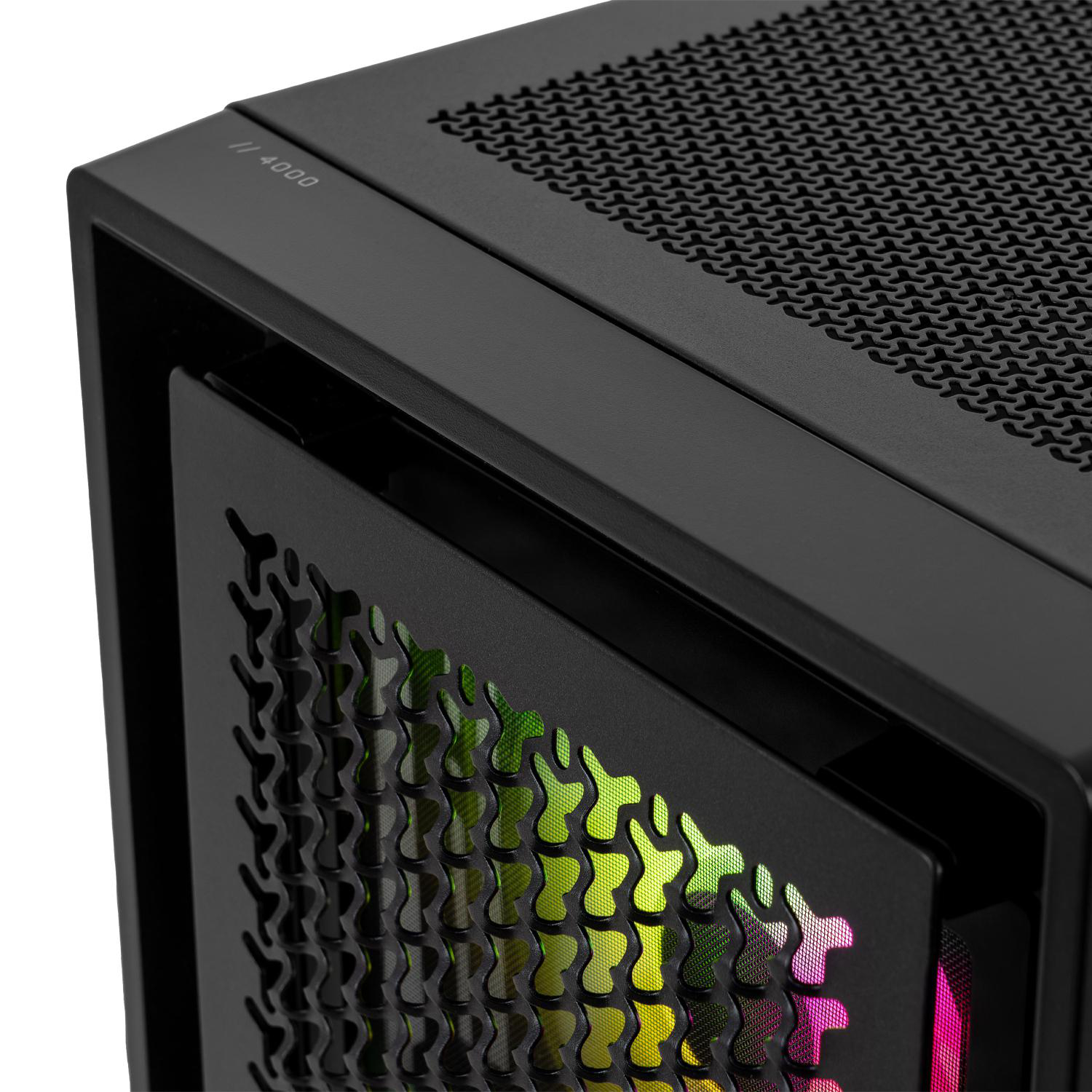 Schwarzes Computergehäuse mit Netzgrill und RGB-Beleuchtung.