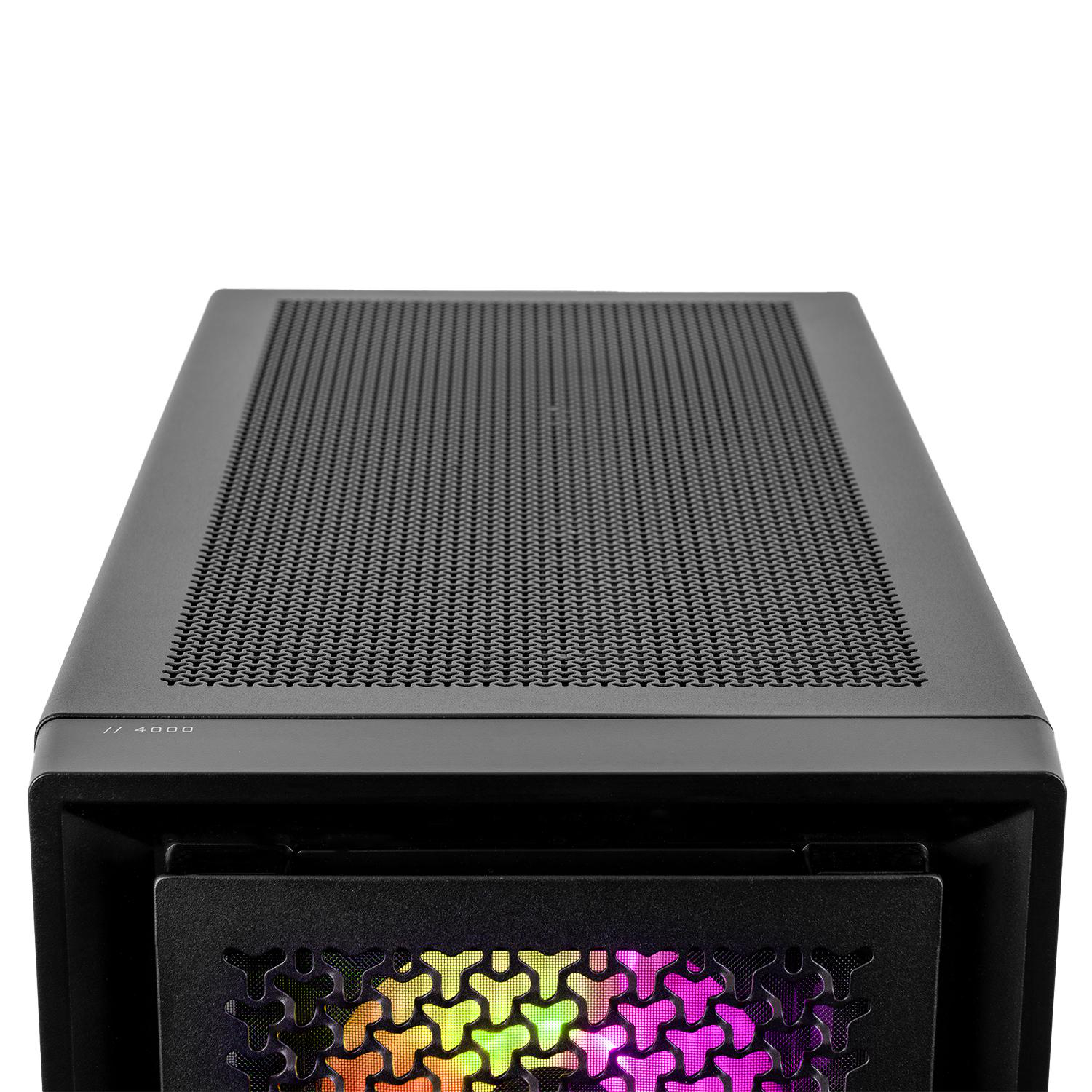 Schwarzes Computergehäuse mit Lüftungsgitter und RGB-Beleuchtung.