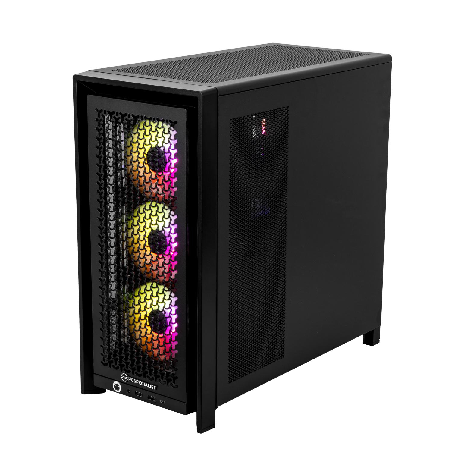 Schwarzes PC-Gehäuse mit drei beleuchteten Lüftern vorne und Lüftungsgittern.