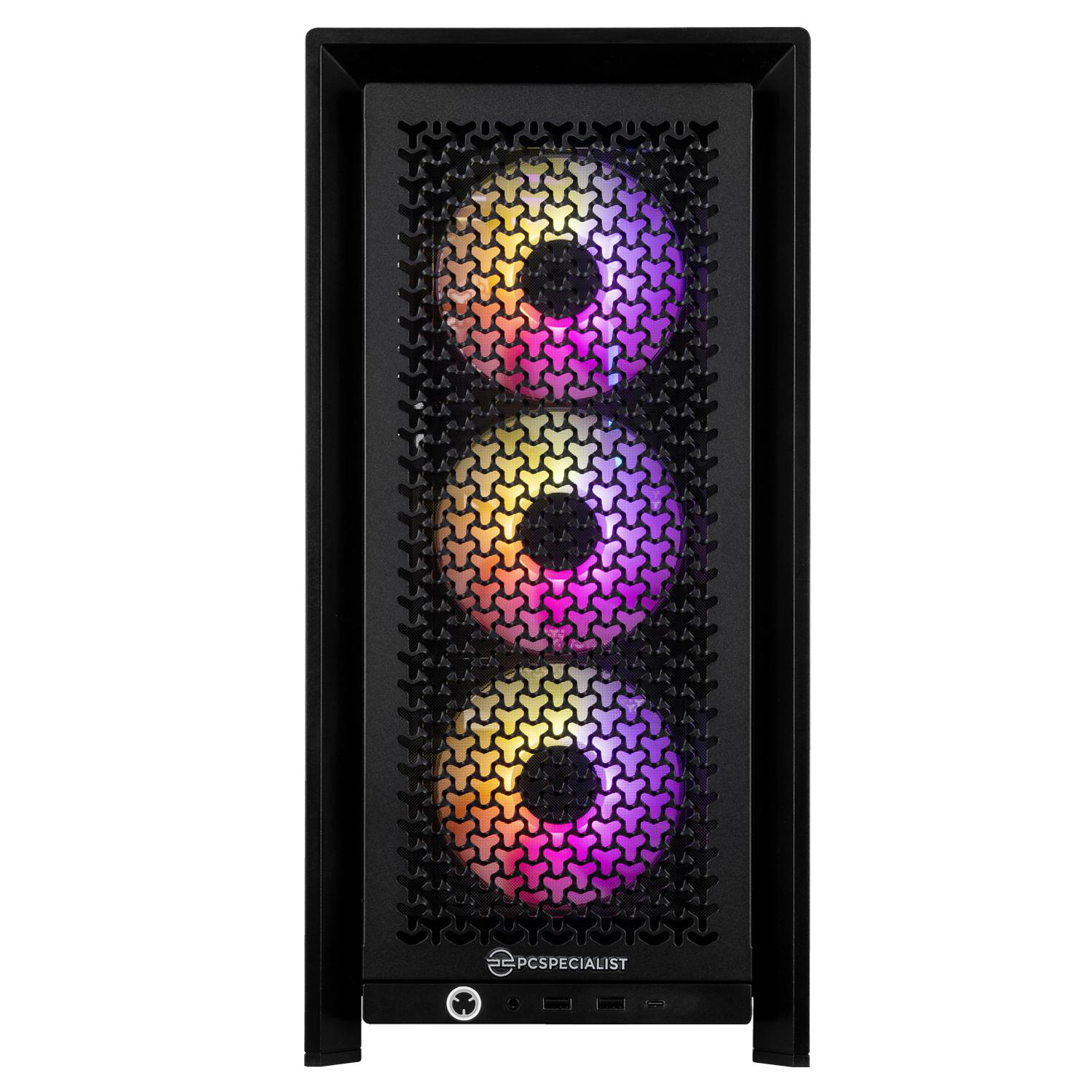 Ein schwarzes Computergehäuse mit drei beleuchteten Lüftern in Regenbogenfarben.