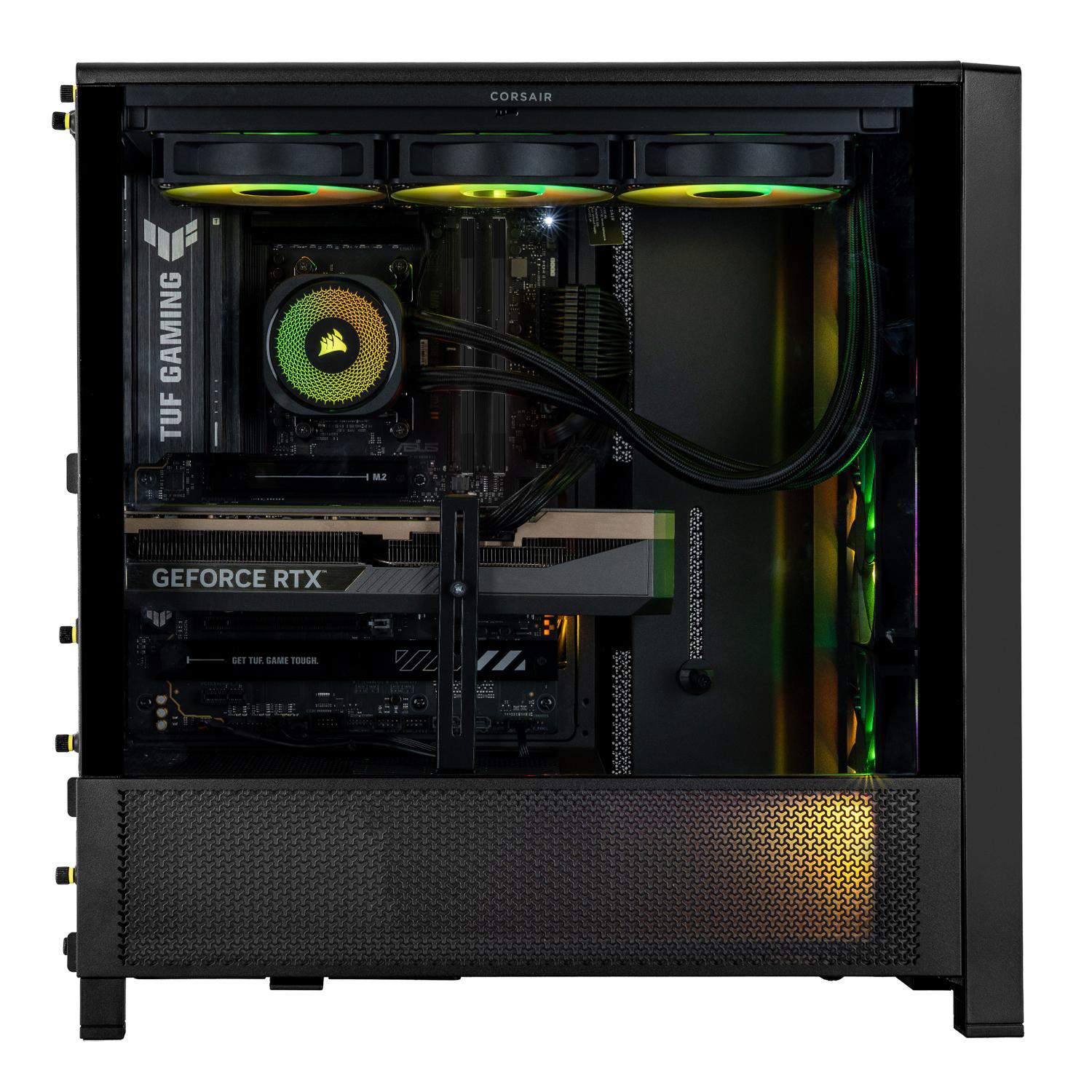 Schwarzes Computergehäuse mit RGB-Lüftern und GeForce RTX Grafikkarte.