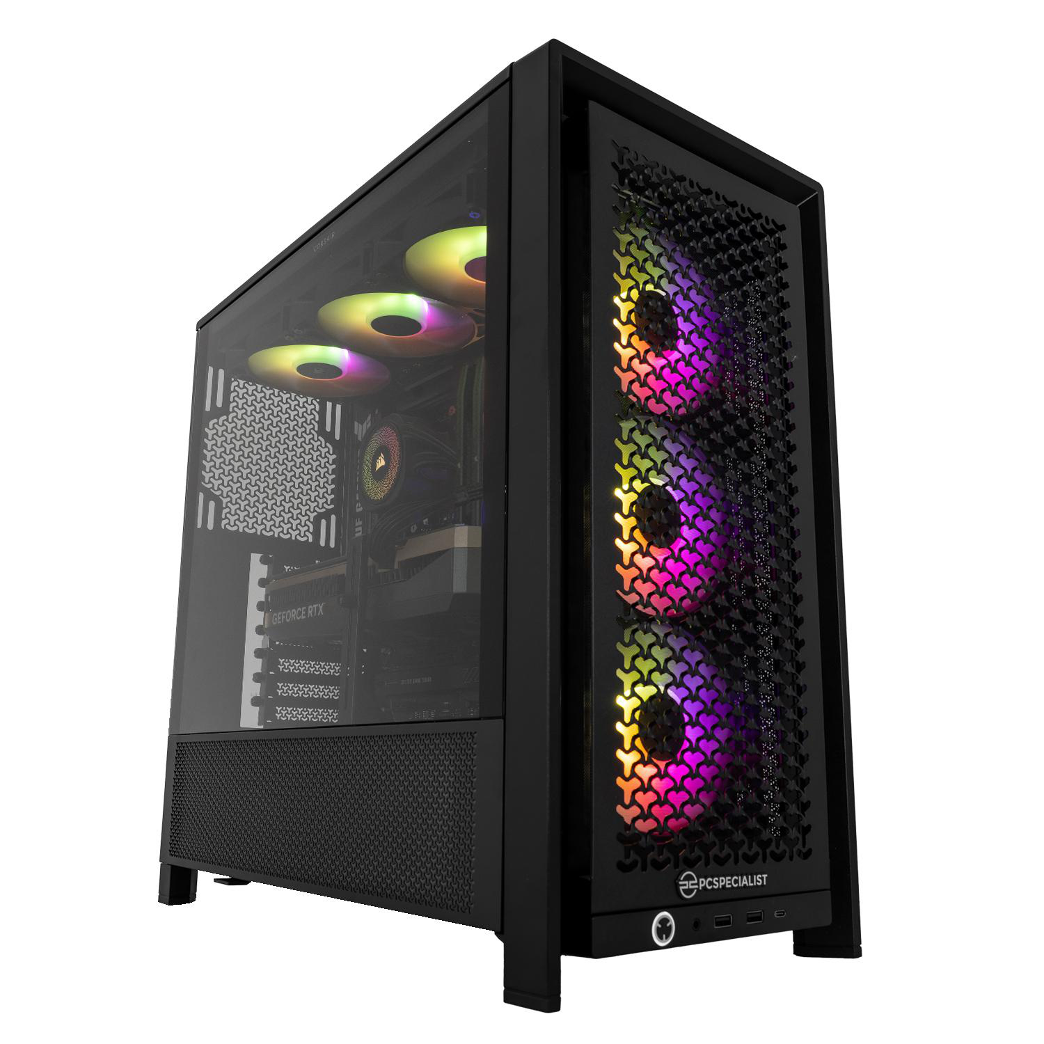 Schwarzes PC-Gehäuse mit Glasfront und RGB-Lüftern.