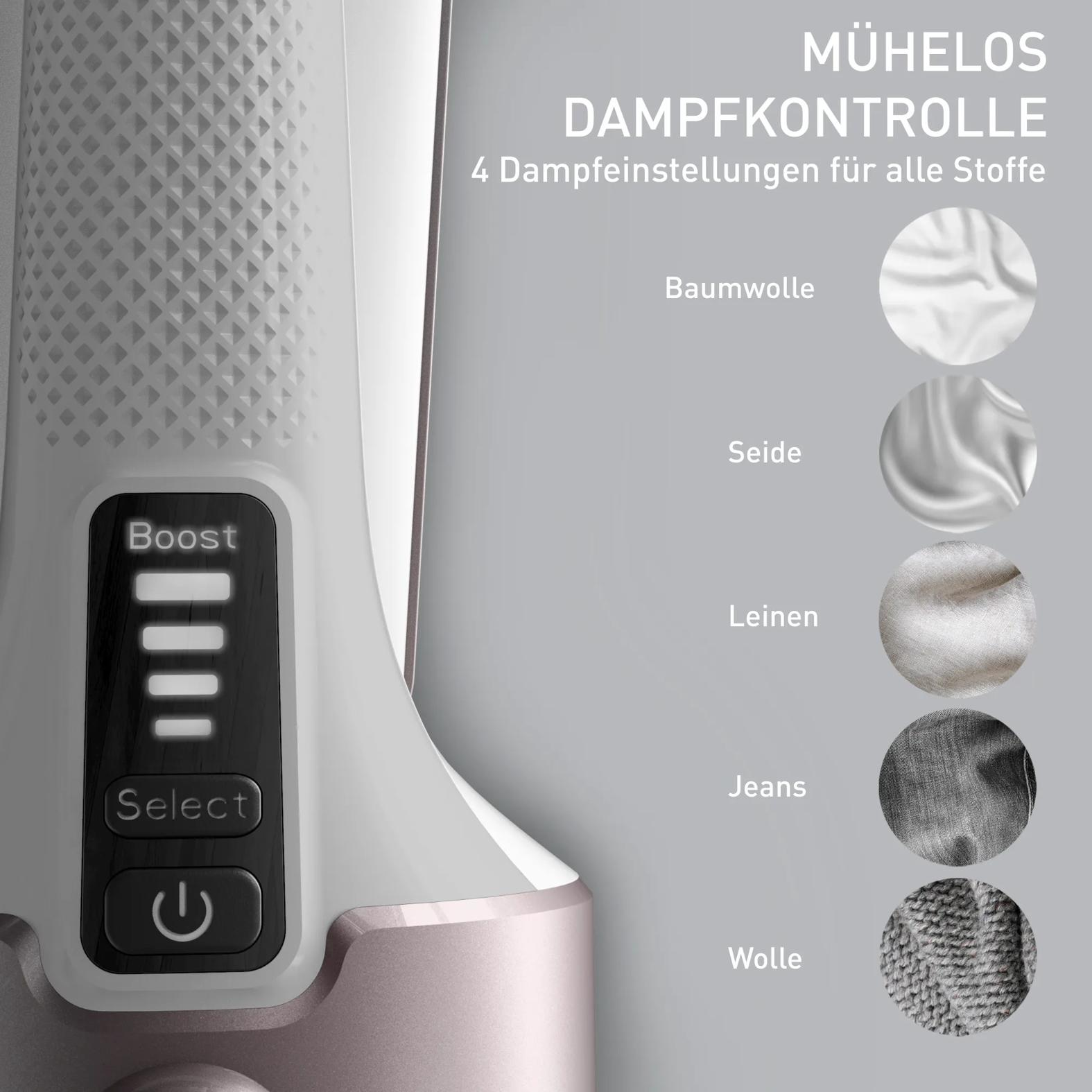 Dampfbügeleisen mit Stoffauswahl: Baumwolle, Seide, Leinen, Jeans, Wolle.
