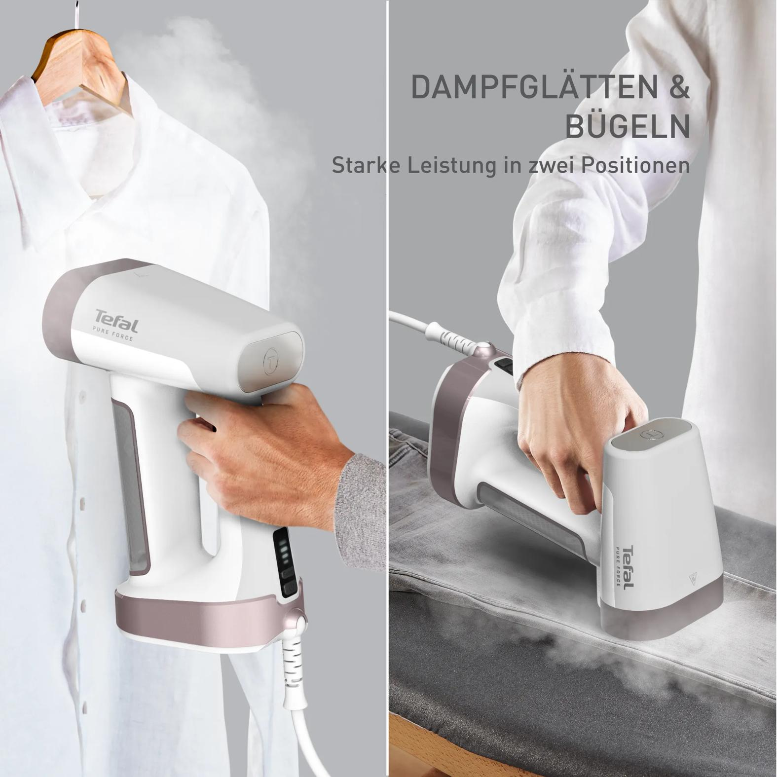 Dampfbügeleisen glättet ein weißes Hemd und eine graue Hose.