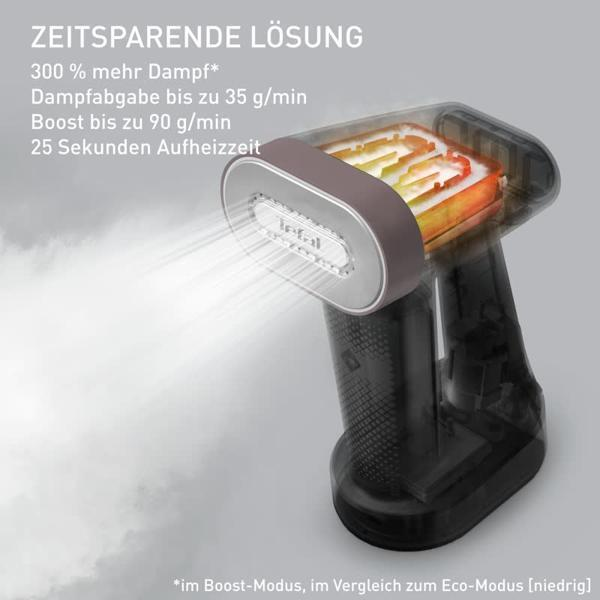 Dampfbügeleisen mit Dampfaustritt und Textil im Inneren.
