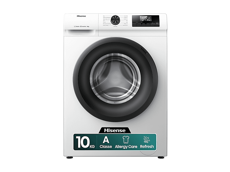 HISENSE WF1Q1041BW LAVATRICE, Caricamento frontale, 10 kg, 15 programmi, Profondità 55 cm, Giri 1400 rpm, Bianco/oblò nero, livello rumorosità centrifuga 74 dB(A), Classe A
