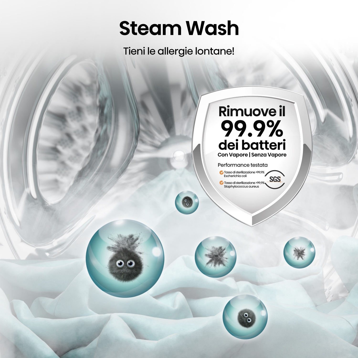 Grafica lavaggio a vapore con bolle che rappresentano batteri. Sterilizzazione 99,9%.