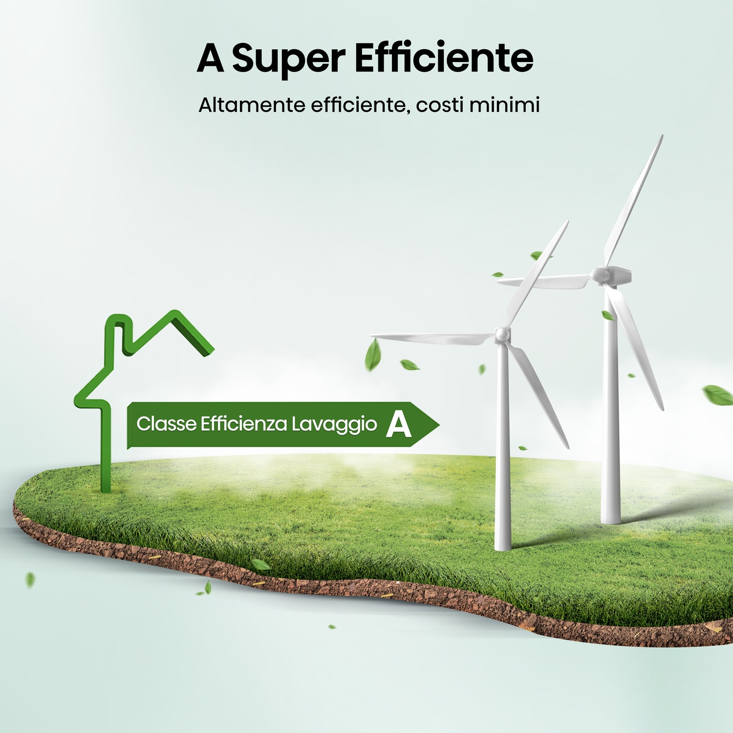 Due turbine eoliche su un prato verde, con icona di casa ed etichetta di efficienza energetica.