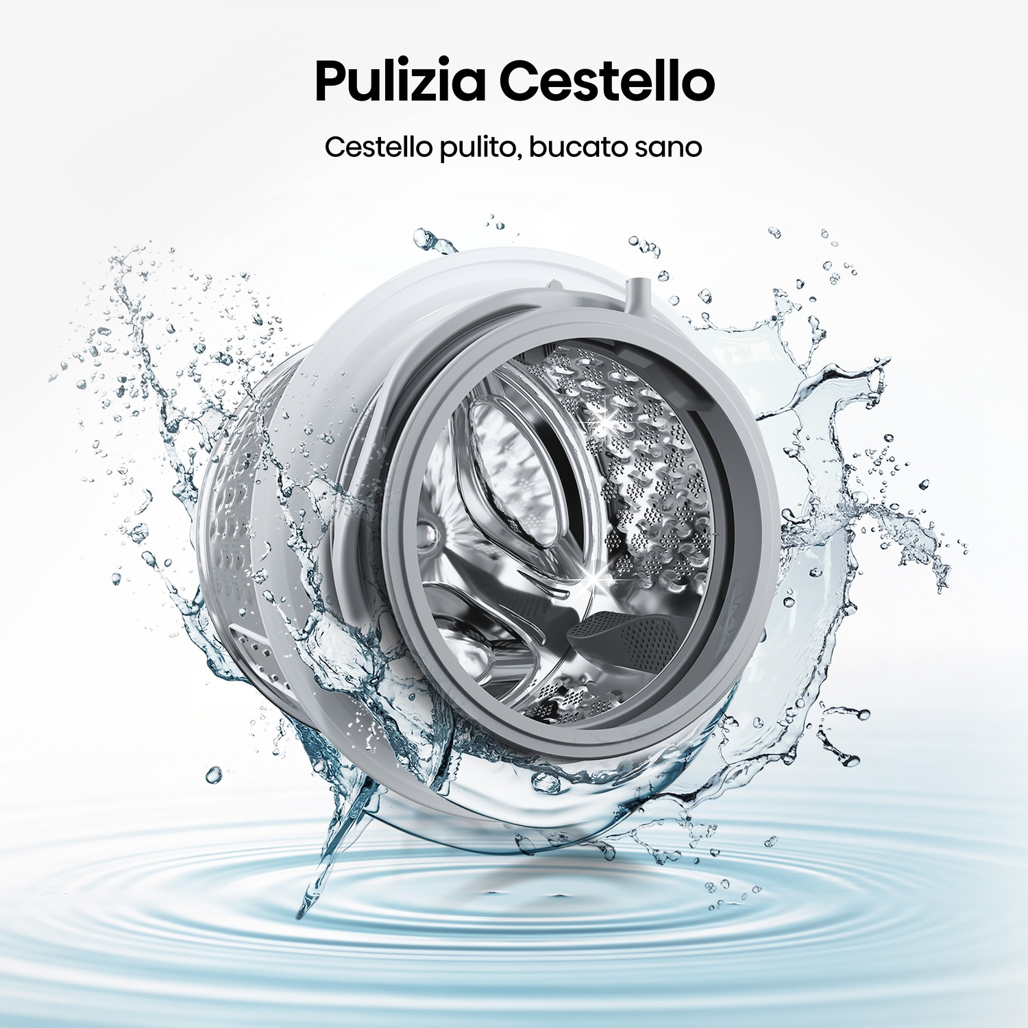 Cestello lavatrice schizzato d'acqua, con increspature sull'acqua.