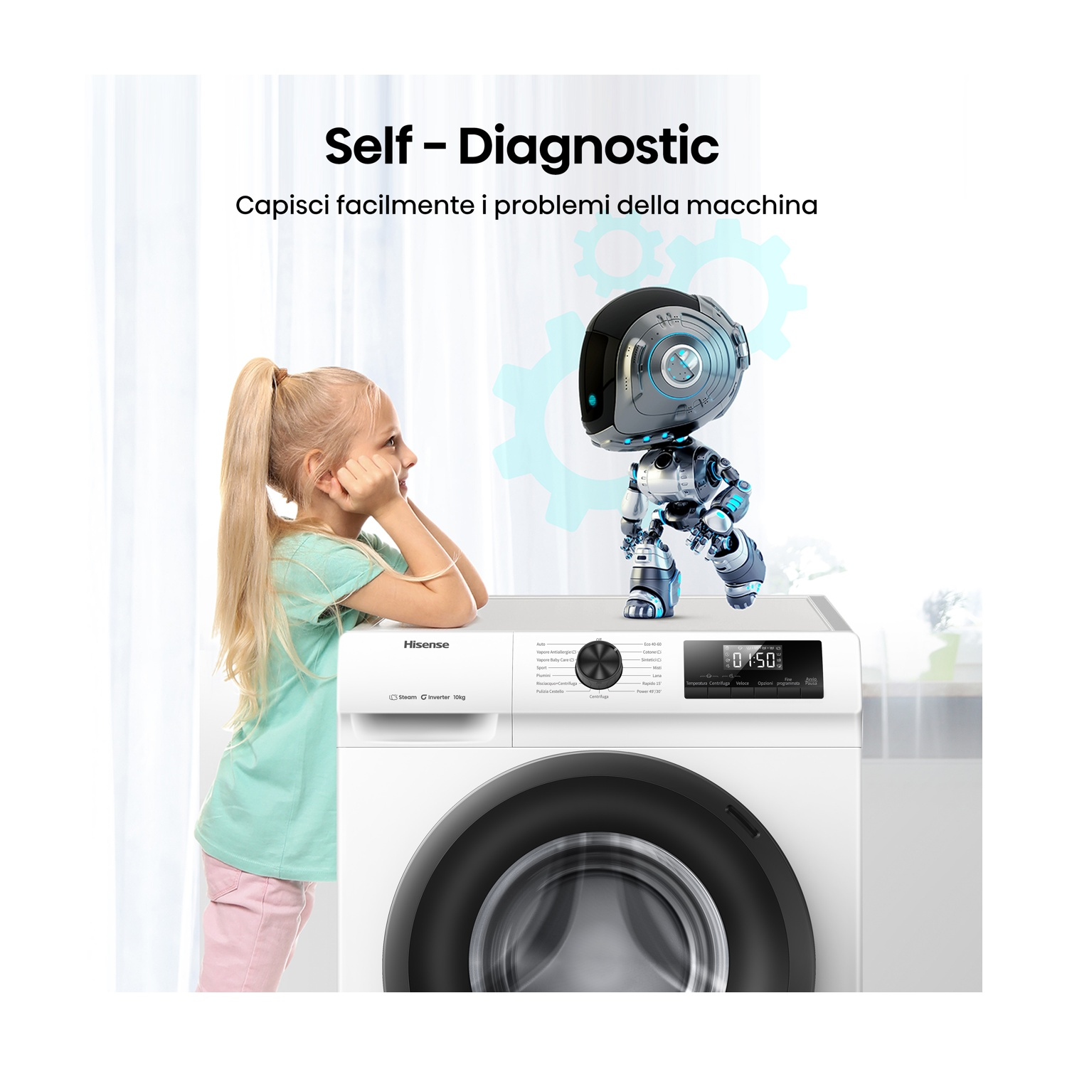 Una bambina guarda una lavatrice con un robot.
