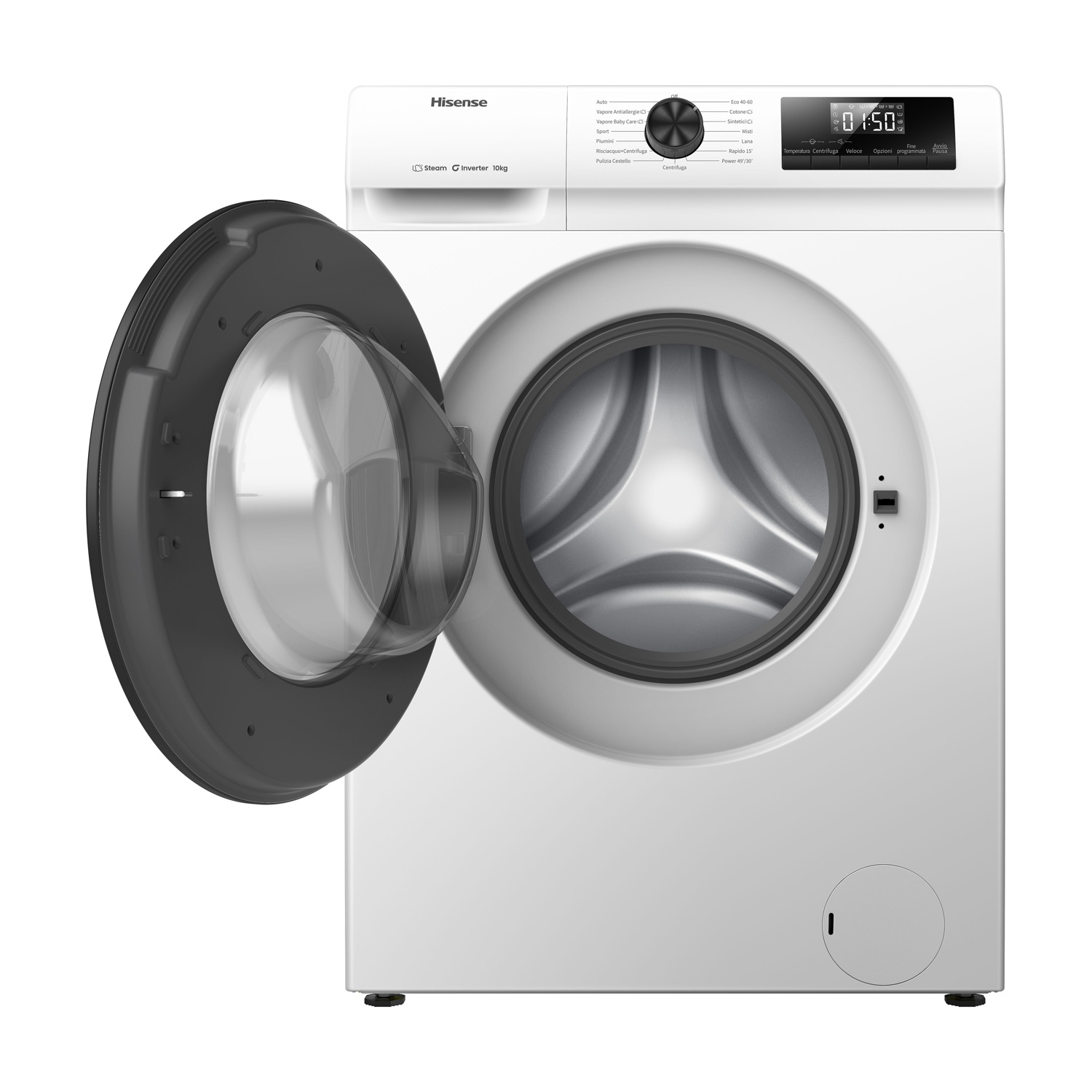 Una lavatrice Hisense bianca con oblò aperto e display digitale.