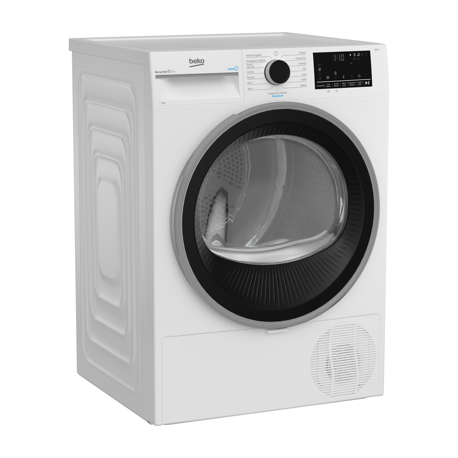 Una asciugatrice Beko bianca con oblò nero e pannello di controllo digitale.