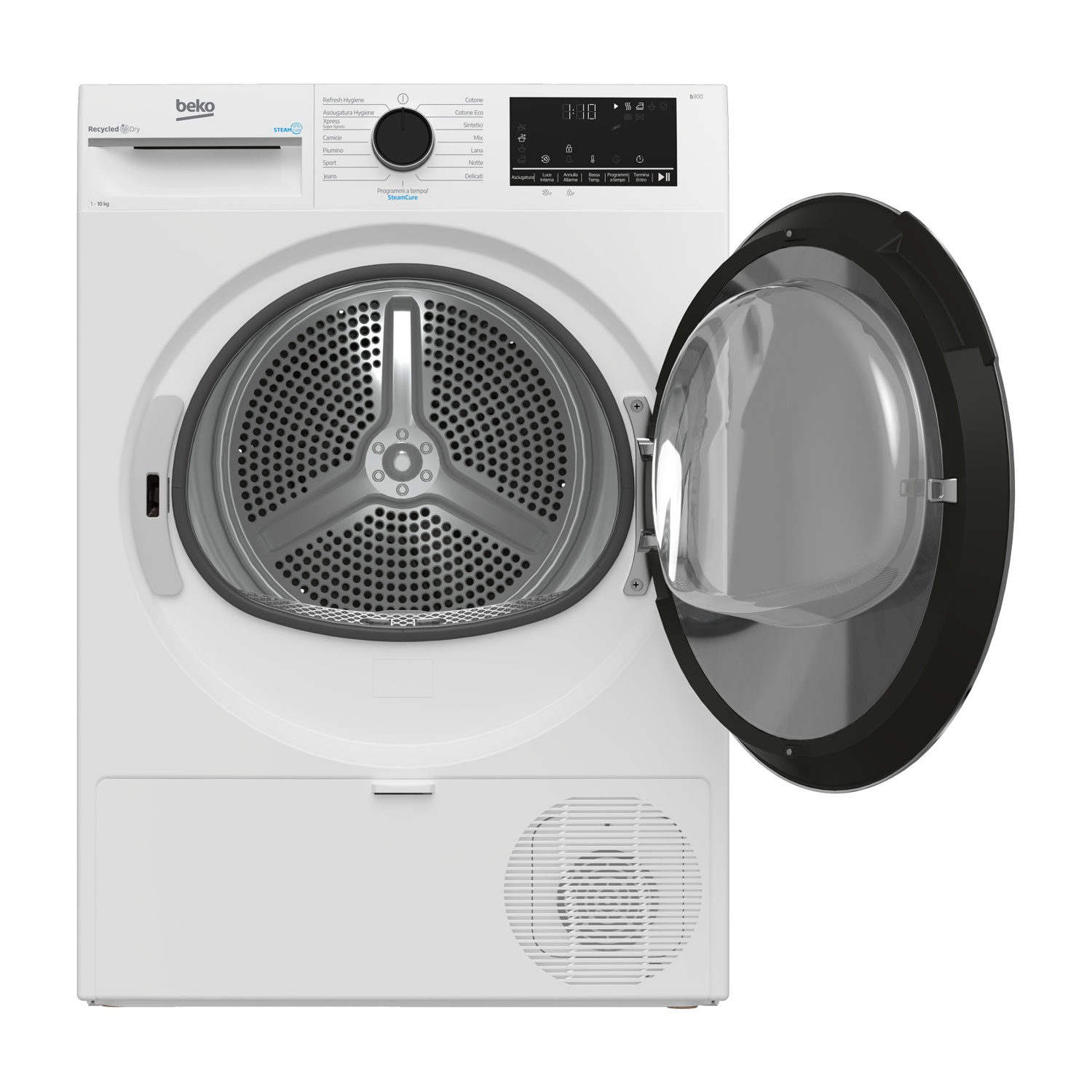 Un'asciugatrice Beko bianca con oblò aperto e display digitale.