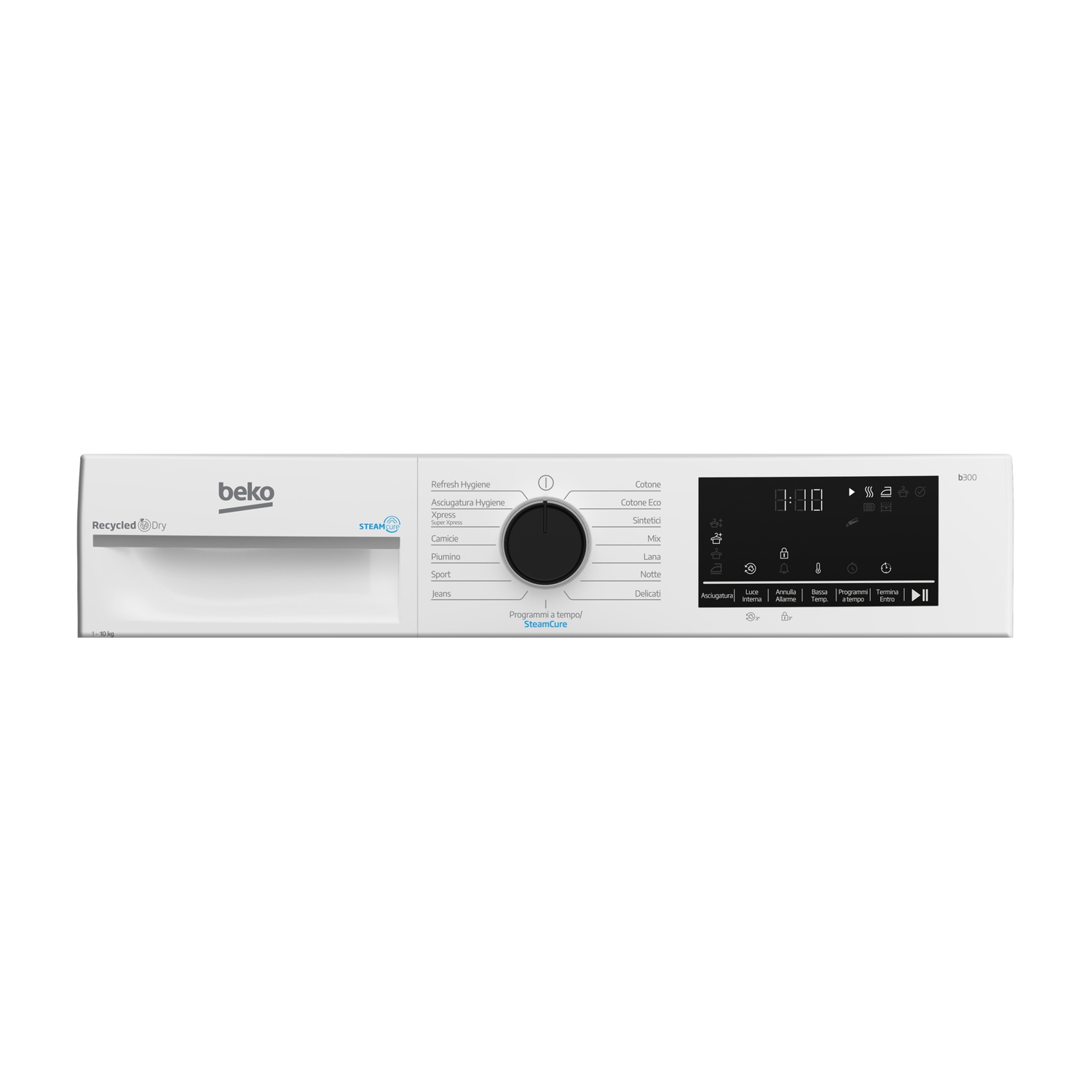 Una lavatrice Beko bianca con display digitale e selettore programmi.