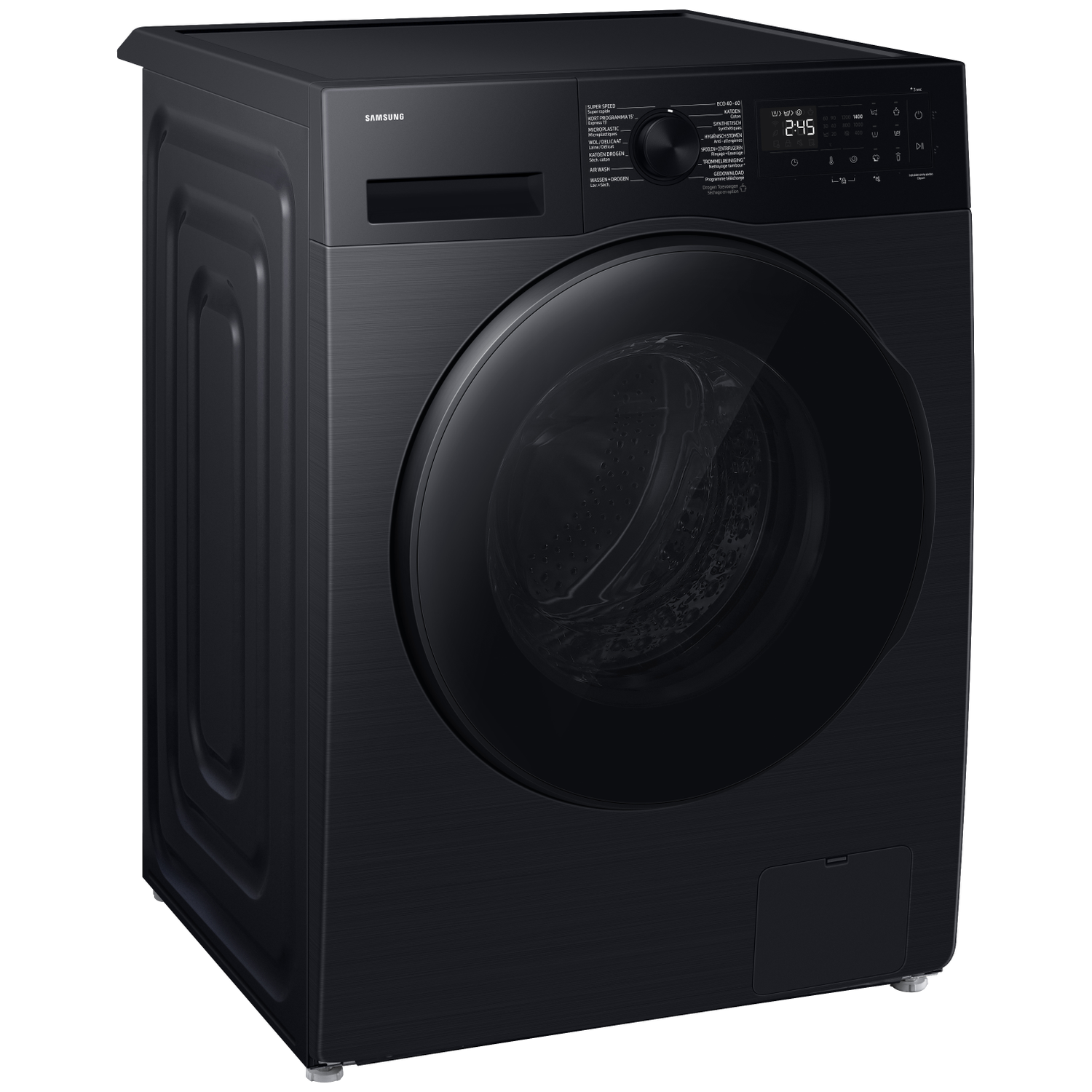 A black Samsung washing machine with a digital display and a round door.