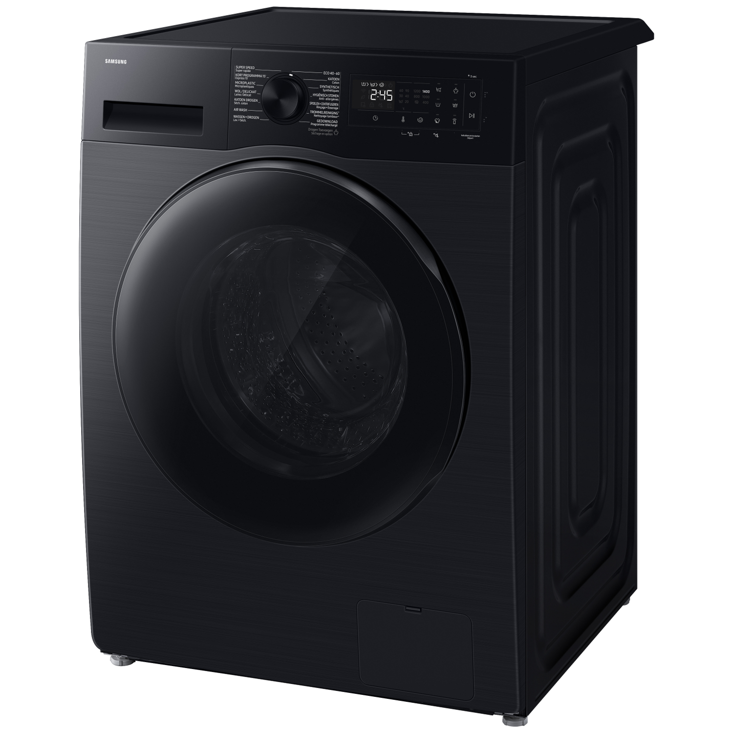 A black Samsung washing machine with a digital display and round door.