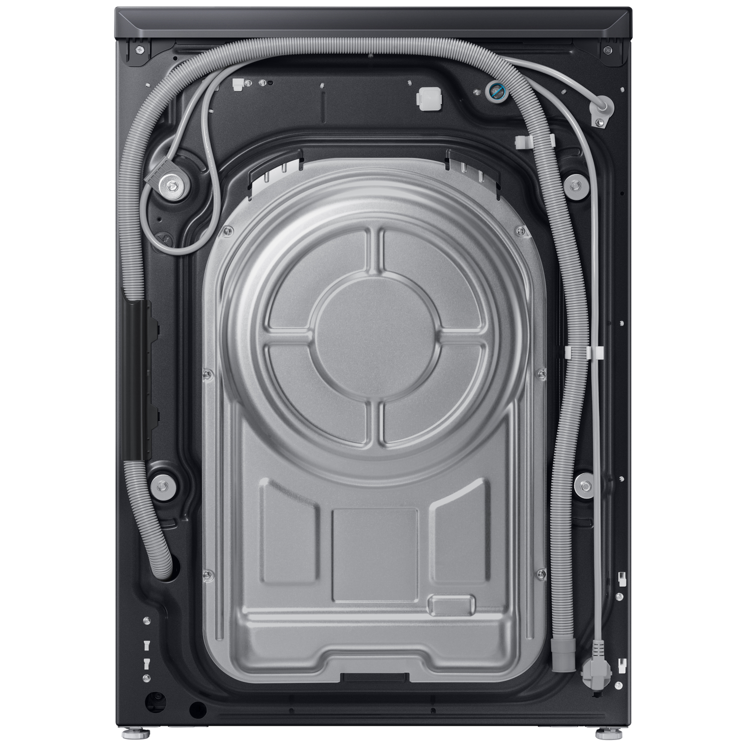 Back view of a black washing machine, showing hoses, cables, and a metal drum cover.